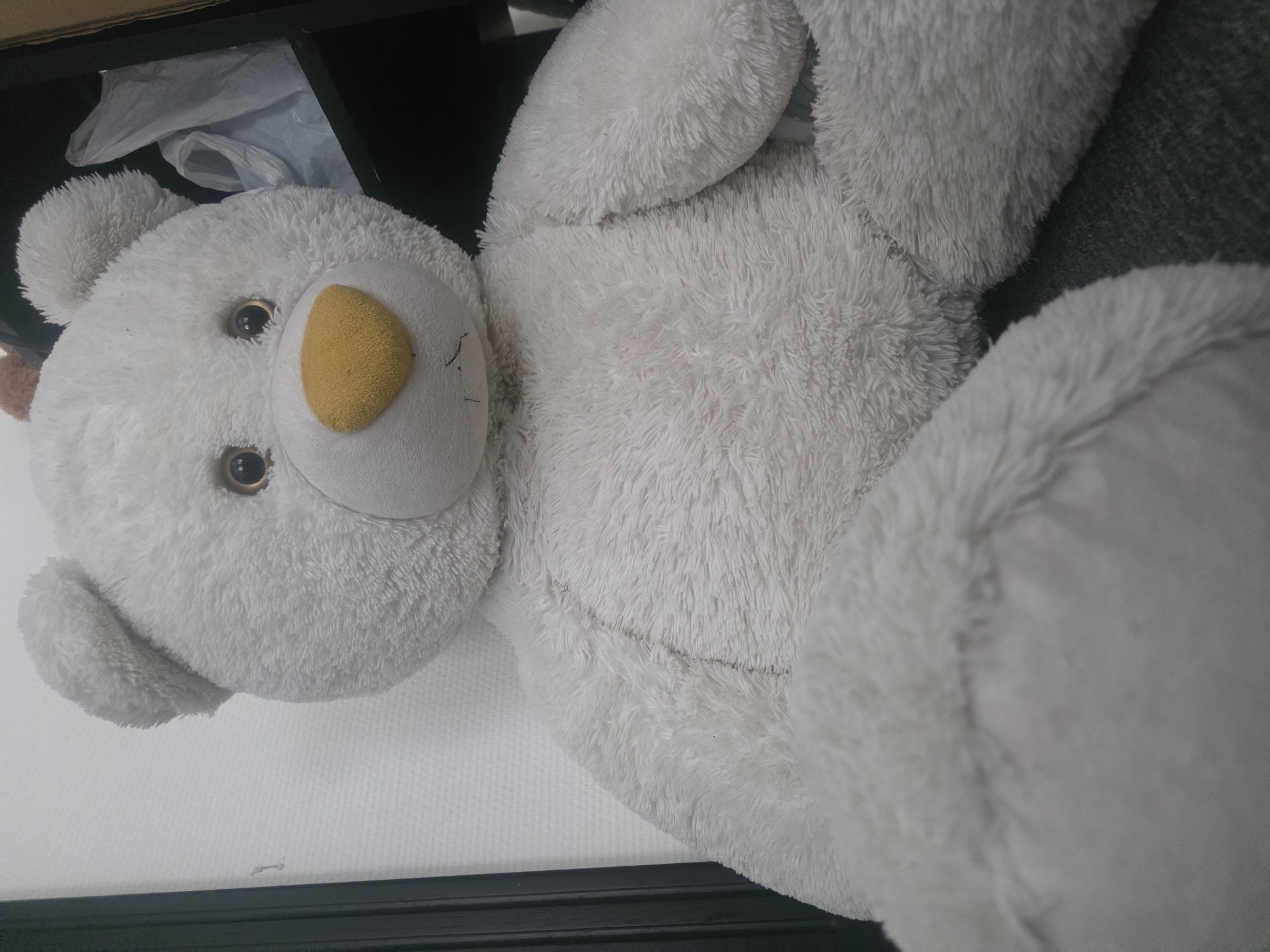 The image shows a large, light gray teddy bear sitting indoors. The teddy bear is positioned in the center of the frame, with its head slightly tilted. It has large, dark eyes, a yellow nose, and a stitched mouth. The teddy bear is fuzzy and appears to be made of soft material. The background consists of a white textured wall on the left, a dark shelf on the right containing a white plastic bag, and a dark surface below the teddy bear, possibly a floor or a piece of furniture. There is no indication of the city of Bila Tserkva, Ukraine, or any other specific geographical location in the image.