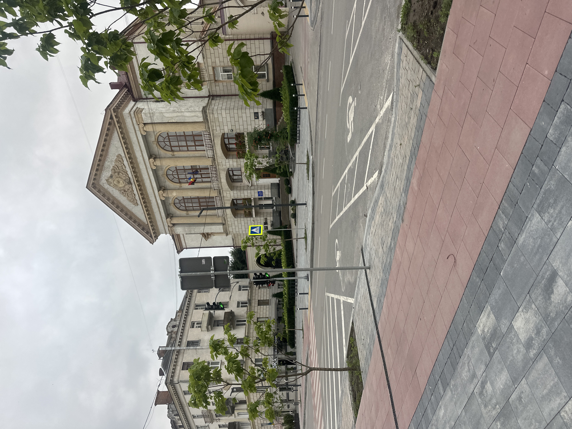 This is a street-level, full-shot image taken in Ternopil, Ukraine, likely near the Ternopil Regional State Administration building, which is visible in the background. The foreground features a newly paved sidewalk with distinct sections of red and gray rectangular pavers, bordered by a strip of darker gray pavers. A green drain runs along the edge of the sidewalk where it meets the street.
The street itself has clear crosswalk markings and a symbol indicating a disabled parking spot. Traffic lights with green signals are visible, suggesting that the intersection is currently allowing traffic to proceed.
Several young trees are planted in square garden beds along the sidewalk and street. In the background, two buildings are prominent. To the left is a multi-story residential building with balconies and arched windows. To the right is a grander, older building with classical architectural elements, including columns, arched windows, and decorative pediments. Two flags, one yellow and blue (the Ukrainian flag) and another with a blue and yellow pattern, are flown on the right building.
The sky is overcast and gray, indicating a cloudy day. No people are clearly visible in the scene, though a shadowy figure is partially visible in the doorway of a building on the left. The overall impression is of an urban environment with recent infrastructure improvements, characterized by clean pavements and well-maintained buildings.