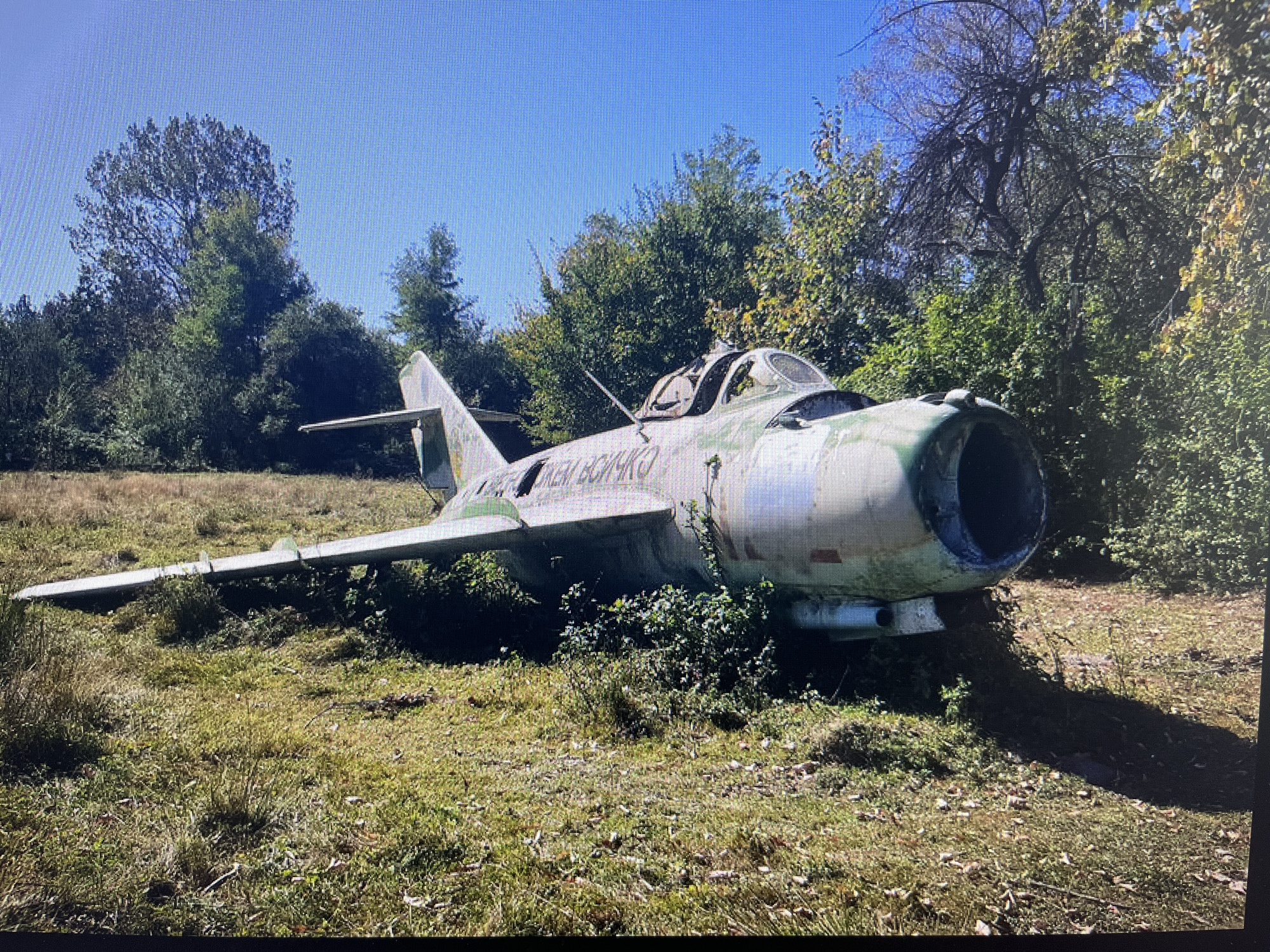 A wide shot depicts a derelict jet fighter aircraft, likely a MiG, abandoned in an overgrown, grassy field. The airplane, camouflaged in faded and peeling greens, whites, and greys, is surrounded by lush green trees and dense bushes, some of which are growing into and around the fuselage and wings. The aircraft's nose, featuring a large circular air intake, points towards the right. The cockpit canopy is open or severely damaged, revealing an empty interior. The ground is covered in a mix of dry and vibrant green grass, interspersed with weeds and small plants.
The sky above is a clear, bright blue, indicating sunny weather during the daytime, likely late morning or early afternoon. No individuals are present, and no active event is taking place; the scene conveys a sense of stillness, abandonment, and historical decay. The aircraft appears to be a static relic, left to the elements.
Prominently visible on the side of the fuselage, beneath the cockpit, is Cyrillic text. The first word is clearly discernible as "ЛЮБИМ" (LYUBIM), which translates to "Beloved" or "Favorite." The second word, though partially faded, reads "БОЖЕНКО" (BOZHENKO), suggesting a personal dedication or a name. The presence of a Soviet-era jet and the natural overgrowth are consistent with the provided location context of Varna, Bulgaria.