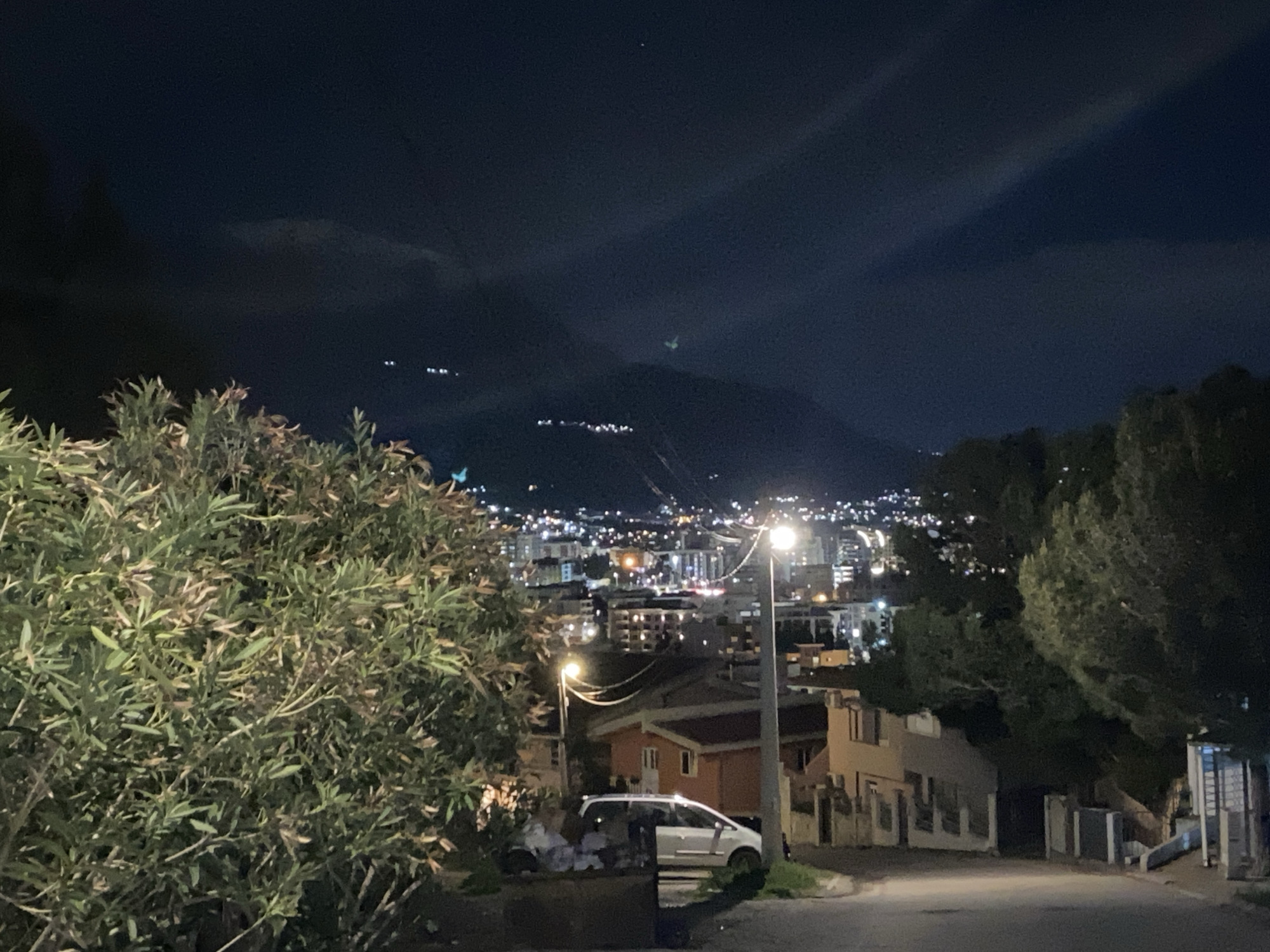 Nighttime view in Šušanj, Montenegro. The scene features a street lined with houses and vegetation. A white van is parked near a house. Streetlights illuminate the area. In the distance, city lights and a mountain are visible under a dark, cloudy sky. The scene is still, with no visible human activity.