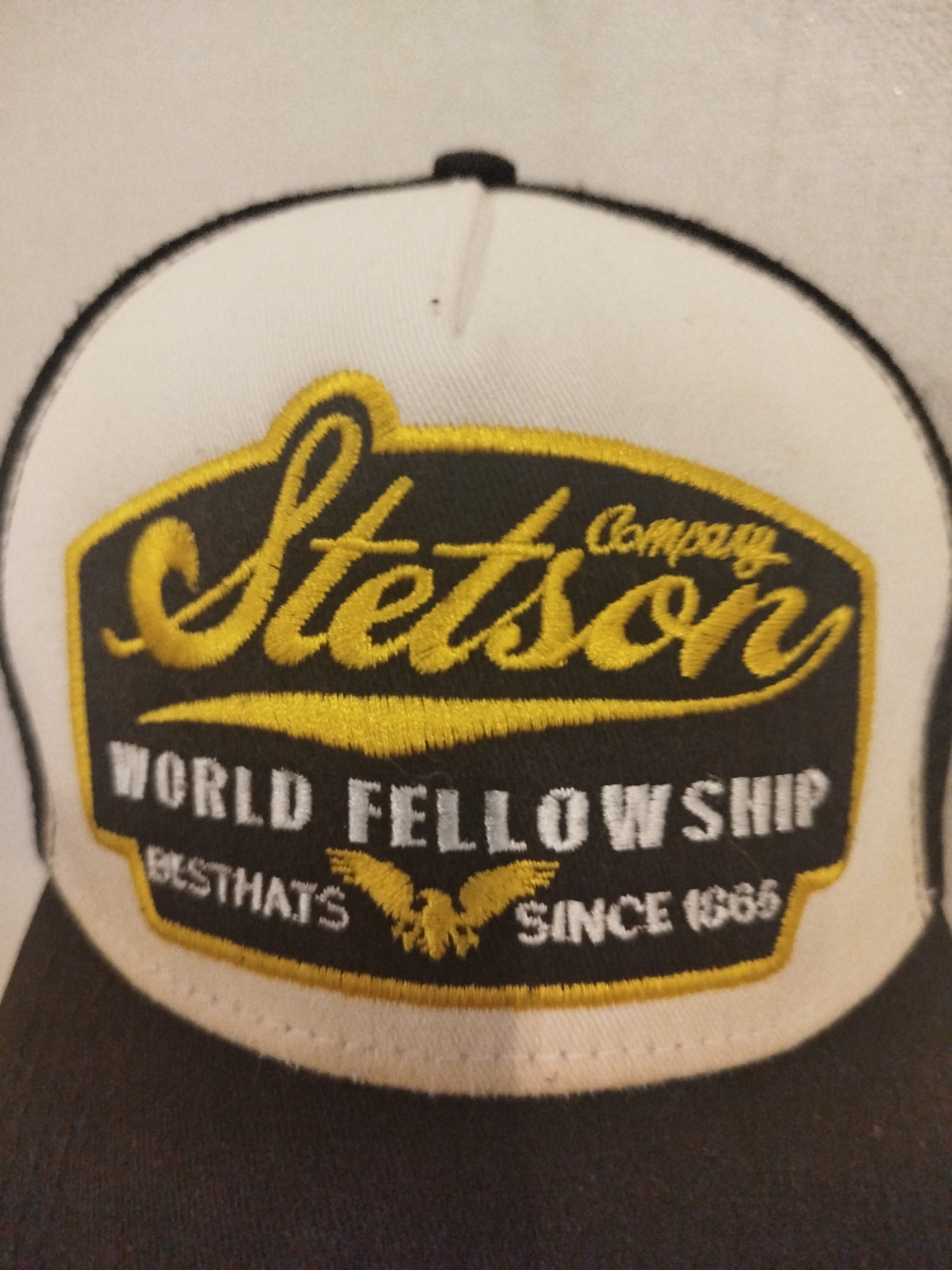 A close-up, straight-on, eye-level shot shows the front of a black and white baseball cap. The cap has a black brim and a white crown. On the front of the crown is a black patch with yellow embroidered lettering and a yellow embroidered eagle. The patch reads "Stetson Company" in yellow script at the top, and below that, "WORLD FELLOWSHIP" in yellow block letters. Underneath "WORLD FELLOWSHIP", there is smaller white text that reads "BESTHATS" on the left and "SINCE 1865" on the right, with a yellow embroidered eagle between them. The background is a plain, light-colored surface. No specific location in Votkinsk, Russia, can be identified from this image.