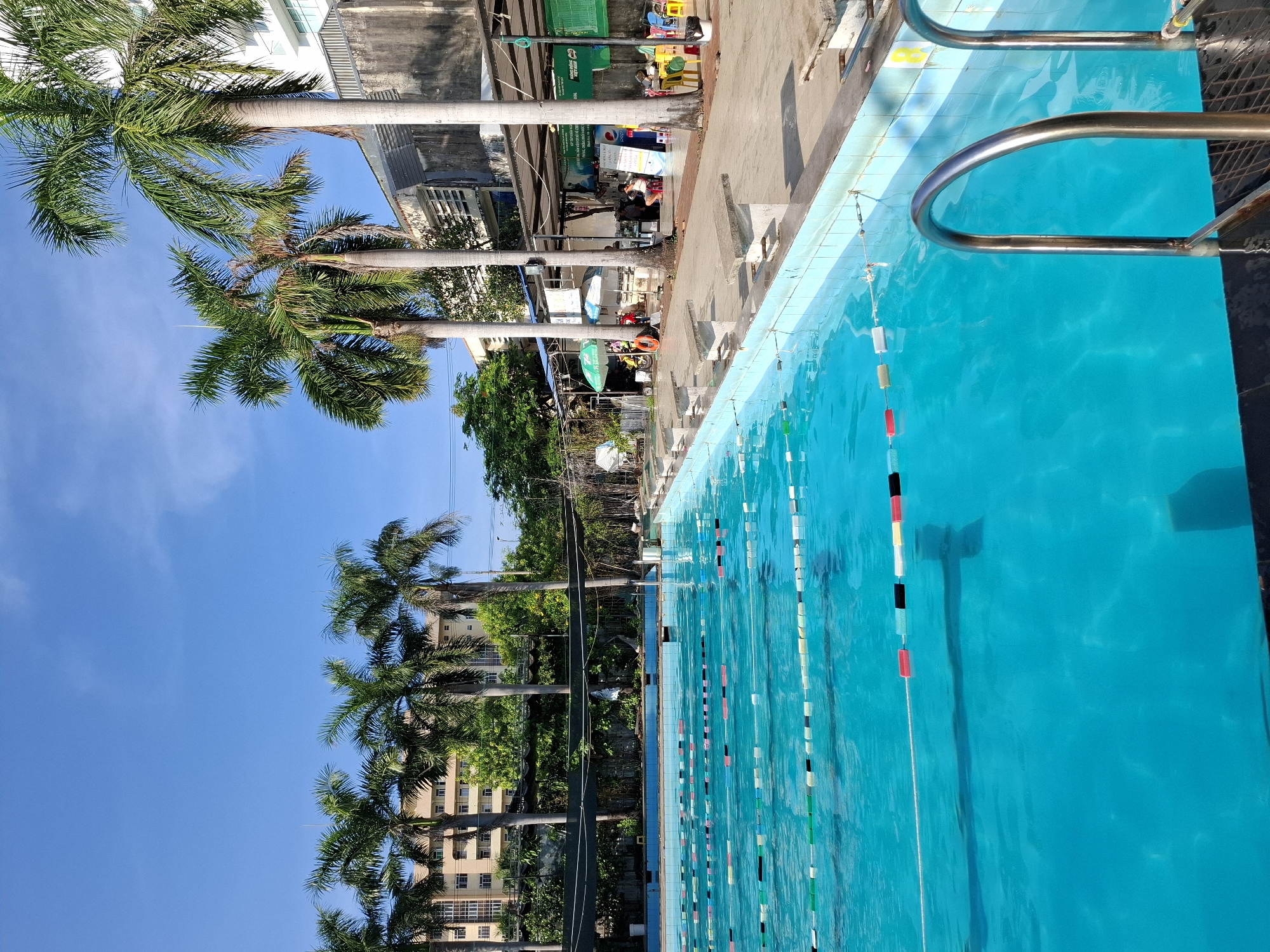 The image depicts an outdoor swimming pool area in Nha Trang Ward, Vietnam. The pool itself is a clear blue, divided into lanes by ropes with buoys in black, white, and red. On the right side of the pool, stainless steel ladders are visible, leading into the water. The poolside is paved with light-colored tiles and concrete. Along the edge of the pool are concrete diving blocks, some with visible wear.
Behind the pool, a shaded area is set up with tables and chairs. Several palm trees with tall, slender trunks and lush green fronds are scattered throughout the scene, casting shadows on the pavement. In the background, there is a multi-story building, possibly an apartment complex or hotel, with a light-colored facade and numerous windows. Adjacent to the pool area, there are awnings, some with signage, and a few individuals can be seen sitting at tables or standing in the shaded area, suggesting this is a public or shared facility. The sky is a bright, clear blue with a few wispy clouds. The overall impression is a sunny day at a tropical swimming facility.