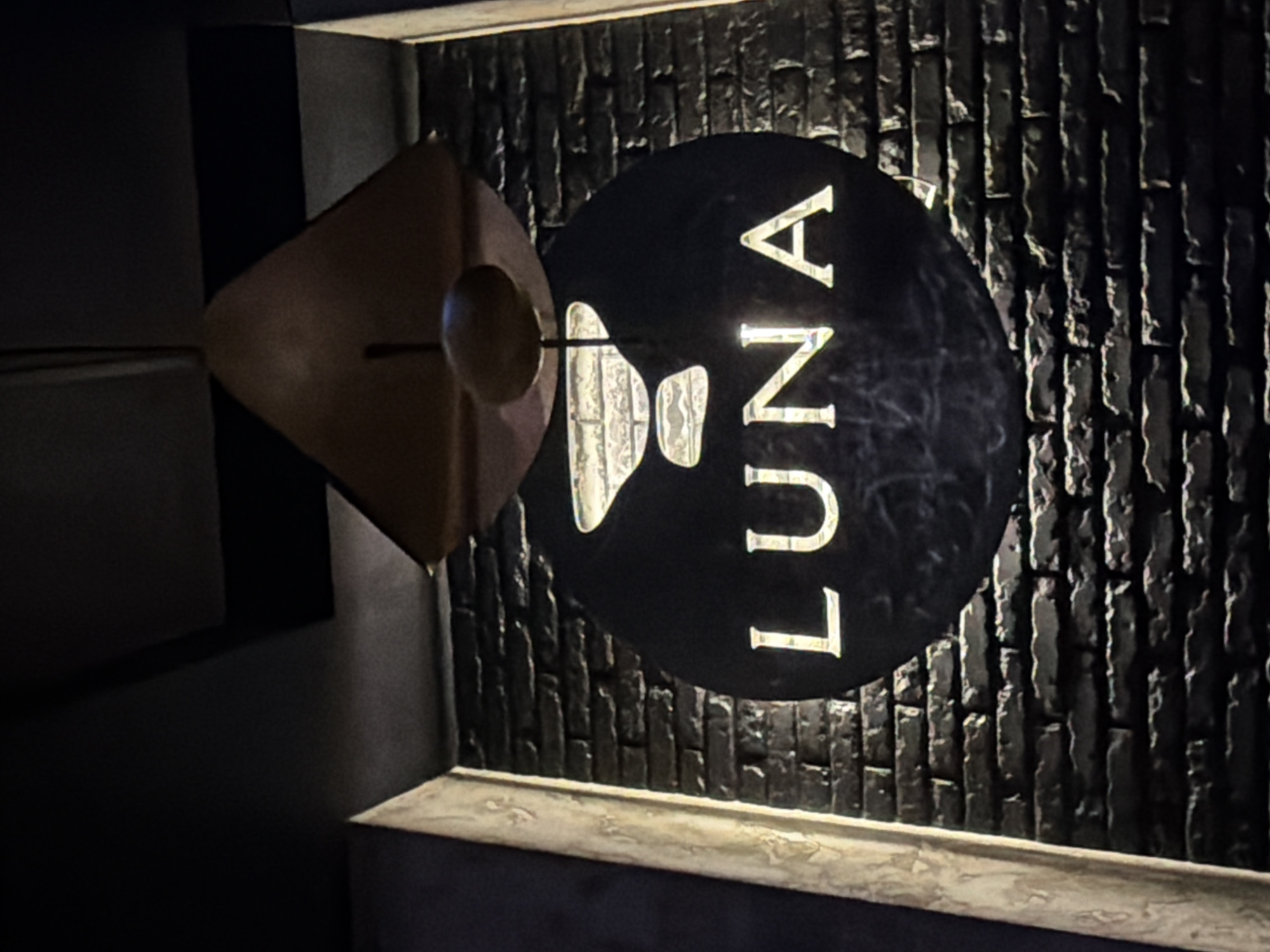 The image captures a dimly lit scene, likely at night, featuring a sign that reads "LUNA" vertically in large, illuminated white letters. The sign is circular and mounted on a textured wall that appears to be composed of vertical, dark-colored bricks or tiles. A spherical lamp and a semi-triangular, bronze-colored fixture are attached to the sign, suggesting it is an external business or restaurant sign.
The location is Bishkek City, Kyrgyzstan, based on the metadata provided in the prompt.
The scene lacks any indications of people or immediate activity beyond the static signage and architectural elements. The light appears to be emanating from the illuminated sign and the attached lamp.