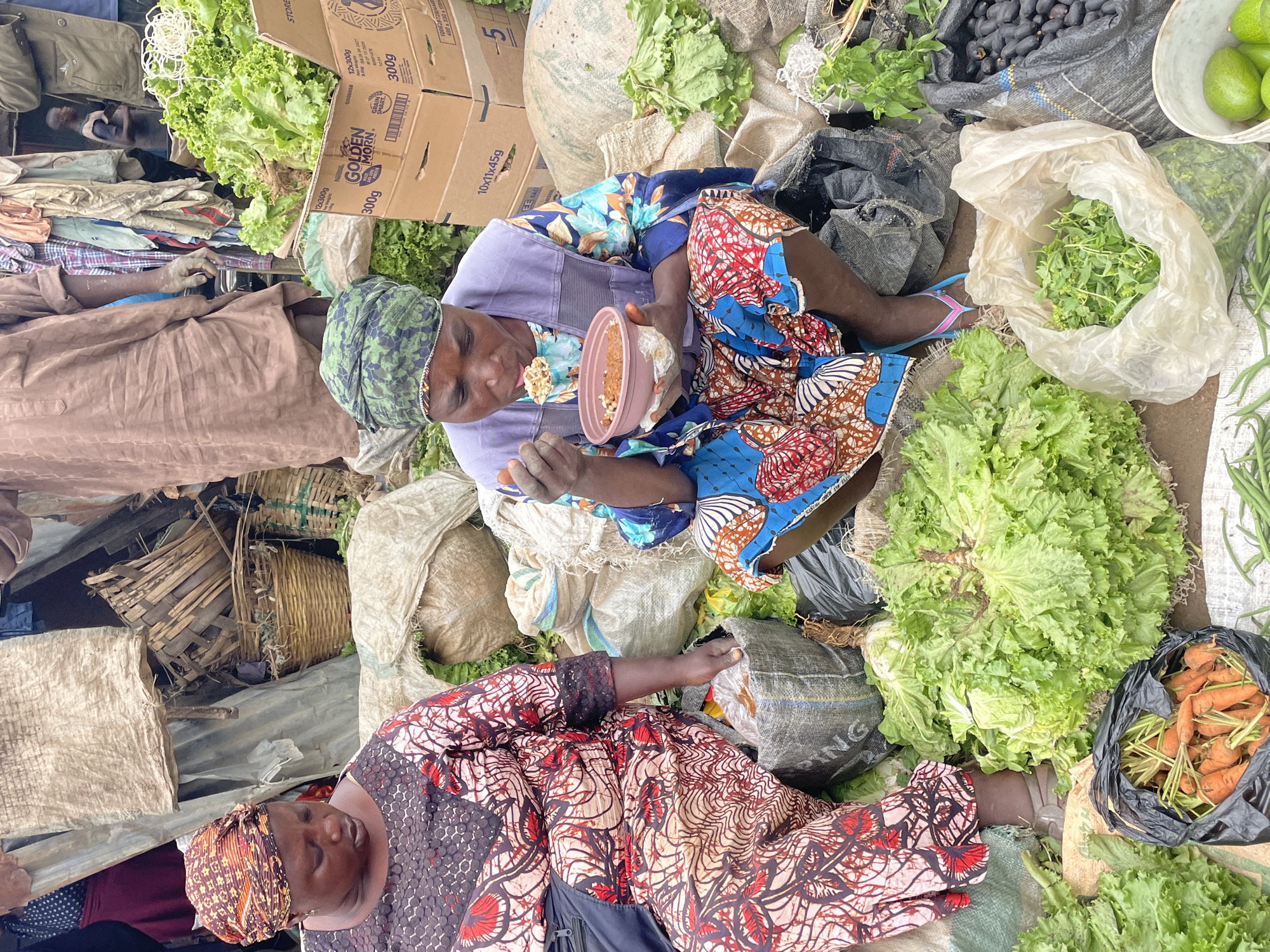 In Gura Top, Nigeria, two women are seated amidst a bustling market stall filled with fresh produce. The woman on the left, wearing a patterned headwrap and a dress with intricate designs, looks down at a large, dark-colored bag resting between her legs. The woman on the right, adorned in a green headwrap and a vibrant blue and floral dress, is captured mid-action, using a spoon to eat from a small, light-pink bowl held in her left hand. The ground is covered with various vegetables, including large heads of lettuce, a bag of carrots, and bunches of green beans. Boxes of produce are stacked in the background, suggesting a vibrant commercial setting. The scene is rich with the colors and textures of fresh food and traditional attire.