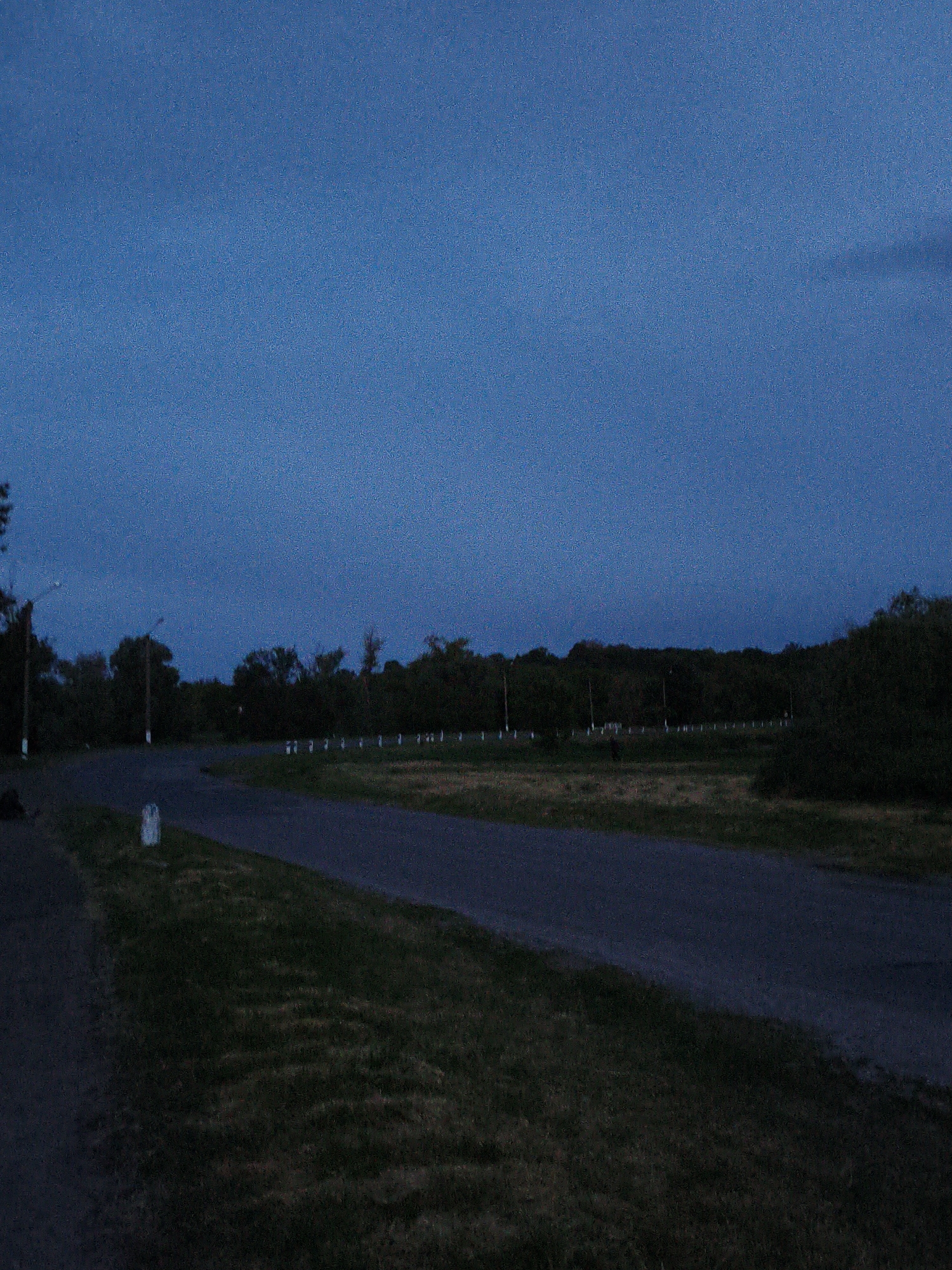 The image depicts a road winding through a rural or suburban area at dusk or night. The sky is a dark blue, possibly indicating twilight. The road is asphalt and has a curve in the distance. There is grass and vegetation on either side of the road. There are small, white, possibly concrete, markers along the edge of the road, suggesting a boundary or traffic control. The scene is dimly lit and appears to be in a relatively quiet and undeveloped location. Trees are visible in the background. There are utility poles visible on the left side of the frame. There is no visible city mentioned, so the location is impossible to determine. There is no information in the image that can be used to determine the location.