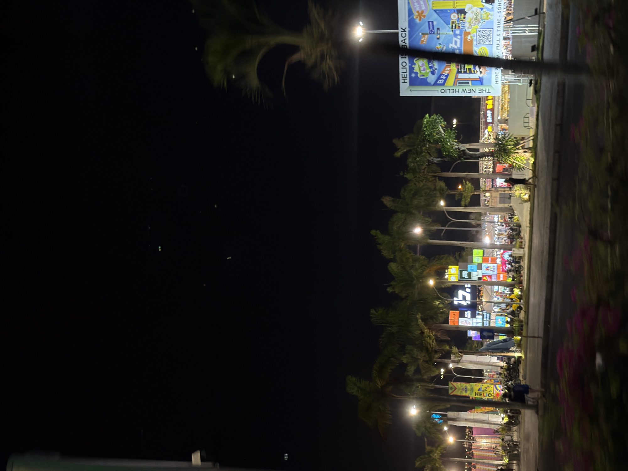 This is a nighttime photograph of a vibrant street scene in Da Nang, Vietnam. The image is oriented vertically. The scene is illuminated by the bright lights of numerous shops and signs, creating a lively atmosphere.
Prominently featured is a large billboard with the text "HELIO IS BACK" and "THE NEW HELIO," along with colorful graphics and a QR code. Other signs in various languages, including Vietnamese, are also visible, suggesting a commercial area likely popular with both locals and tourists.
Palm trees line the street, their silhouettes contrasting with the bright lights. The presence of parked motorbikes and a few people walking or standing suggests this is a busy evening. The ground is paved, and there are hints of greenery and flowers along the side of the street, possibly a park or landscaped area.
The time of day is clearly night, indicated by the dark sky and the reliance on artificial lighting. The overall mood is energetic and festive, typical of a night market or commercial district in Southeast Asia. The photograph captures a snapshot of urban life after dark, highlighting the lively commercial activity and the visual appeal of illuminated signage.
