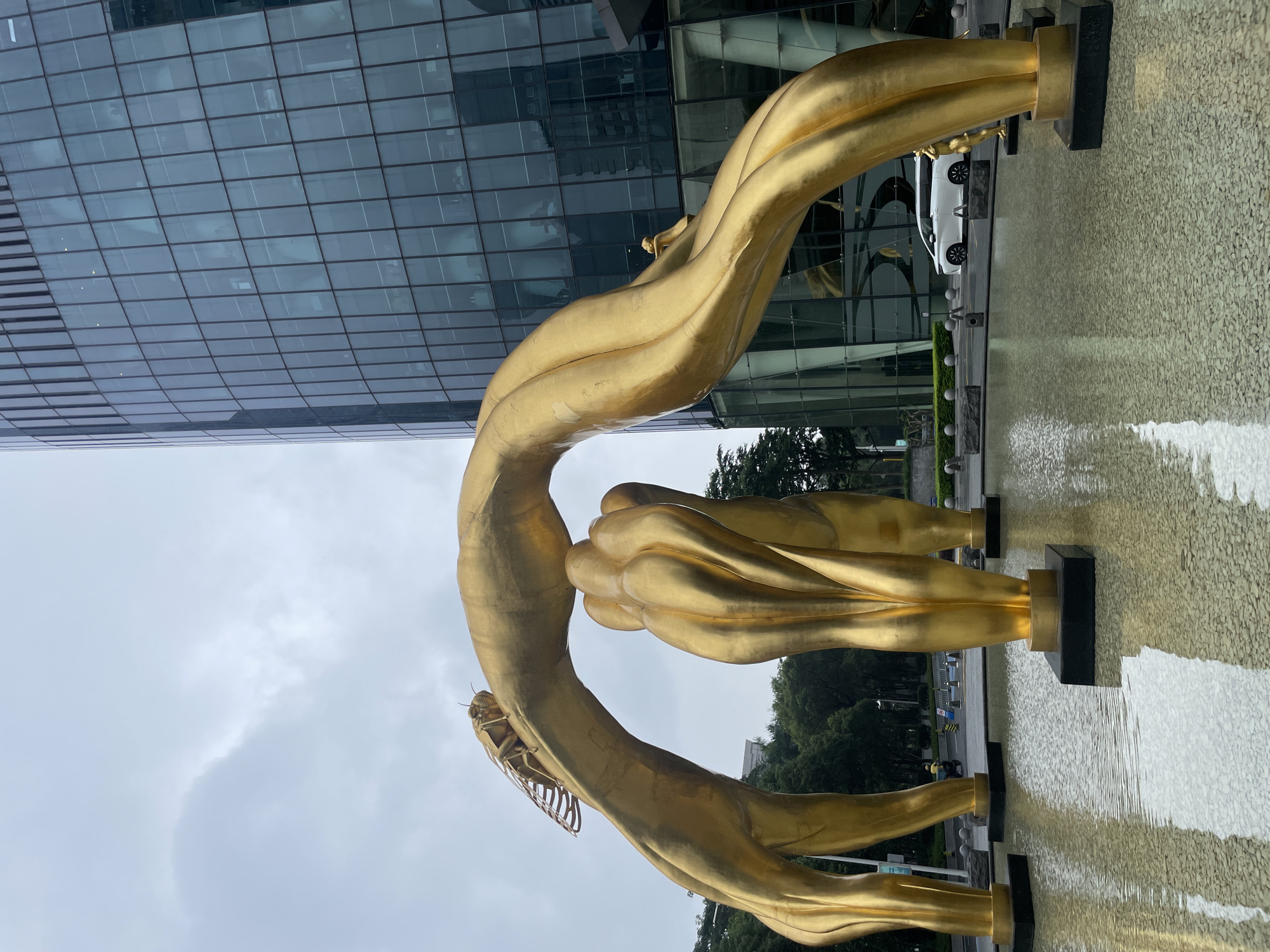 A photograph shows a golden sculpture of intertwined hands with cicadas attached to them, located in Tianhe District, Guangzhou, China. The sculpture sits in a shallow pool of water with a textured bottom. Behind the sculpture is a modern glass building. Green trees are visible in the background. The sky is overcast. A white car is parked near the pool.