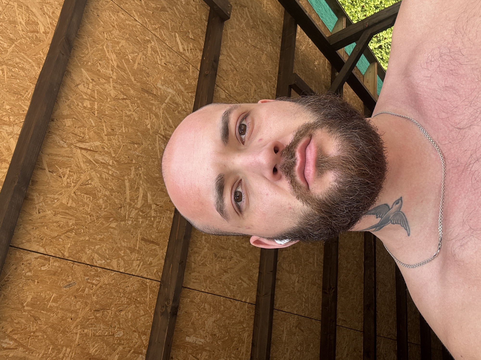 A bald, light-skinned man with a full beard and a tattoo of a bird on his neck is shown in a close-up, tilted view. He is wearing a silver necklace. The background consists of a wooden structure, with visible plywood and wooden beams. Green foliage is partially visible in the upper right corner. The location is Unknown, Unknown.