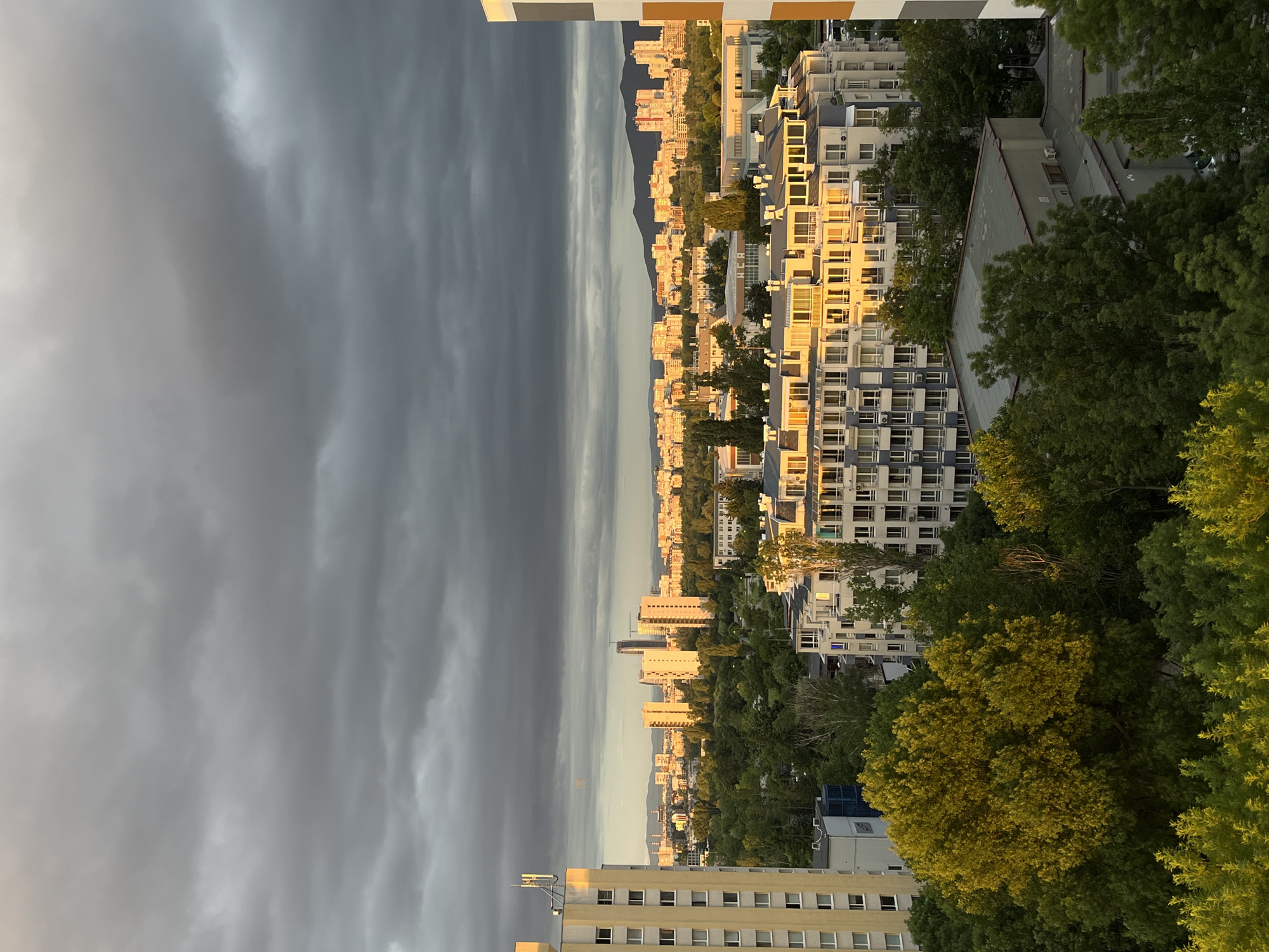 An aerial view captures a cityscape under a dramatic sky. In the foreground, lush green trees with a prominent, sunlit yellow-green tree dominate the lower portion of the frame. Behind the trees, a modern apartment building with white balconies and gray architectural elements is visible. Further into the distance, a dense urban landscape unfolds, characterized by a mix of apartment buildings and taller structures, many of which are bathed in the warm, golden light of either sunrise or sunset. The horizon is marked by a range of distant hills or mountains. Above the city, a heavy, overcast sky with dark gray clouds creates a stark contrast with the illuminated buildings below. The scene suggests an urban environment at dusk or dawn, with a blend of nature and architecture under a brooding sky.