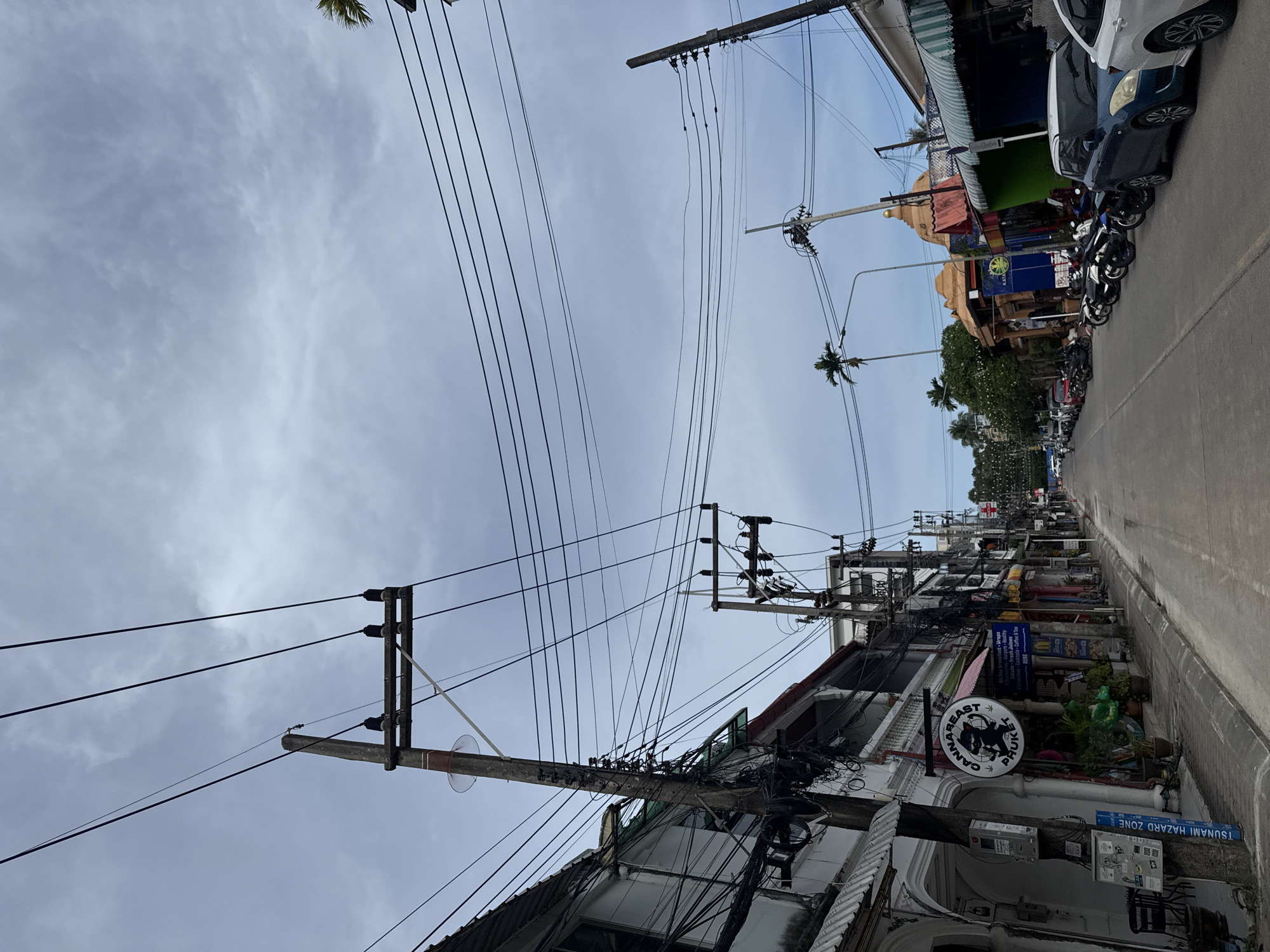 The image depicts a street scene in Karon, Thailand, on an overcast day. A paved road runs through the center of the frame, lined with buildings on both sides. The architecture of the buildings appears to be a mix of traditional and modern styles, with some featuring balconies and awnings.
Along the left side of the street, a white building with decorative trim and several windows is visible. A sign for "Cannafeast Phuket" hangs prominently from a pole. The pole itself is adorned with various wires and electrical equipment, indicative of overhead utility lines.
On the right side of the street, shops with colorful awnings line the road. Various motorcycles and cars are parked along the curb. In the distance, palm trees and other tropical foliage are visible, suggesting a coastal or island setting.
The sky is cloudy, with a light gray hue. The overall atmosphere of the image is that of a bustling street in a tropical town, with a focus on the urban infrastructure and commercial activity. No people are clearly visible in the image.