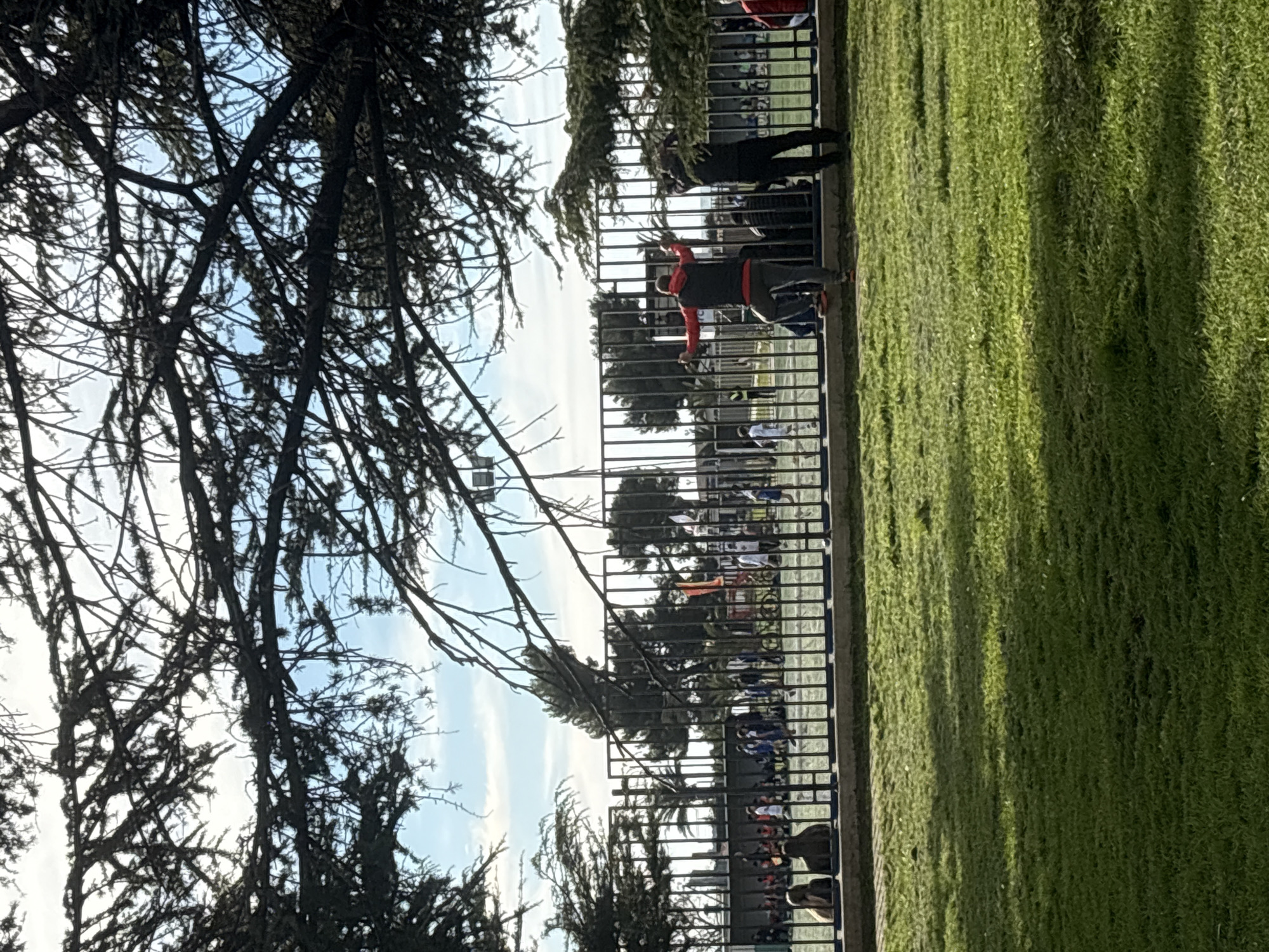 The image captures a scene along a fence bordering a green field, likely a sports or recreational area. The fence is a metal structure with regularly spaced vertical bars. Several people are visible on the other side of the fence, some in active postures, possibly engaged in sports activities. The background suggests a park or public space with trees, giving the impression of a warm day.
The image does not indicate that the location is in the city of Bar, Montenegro.