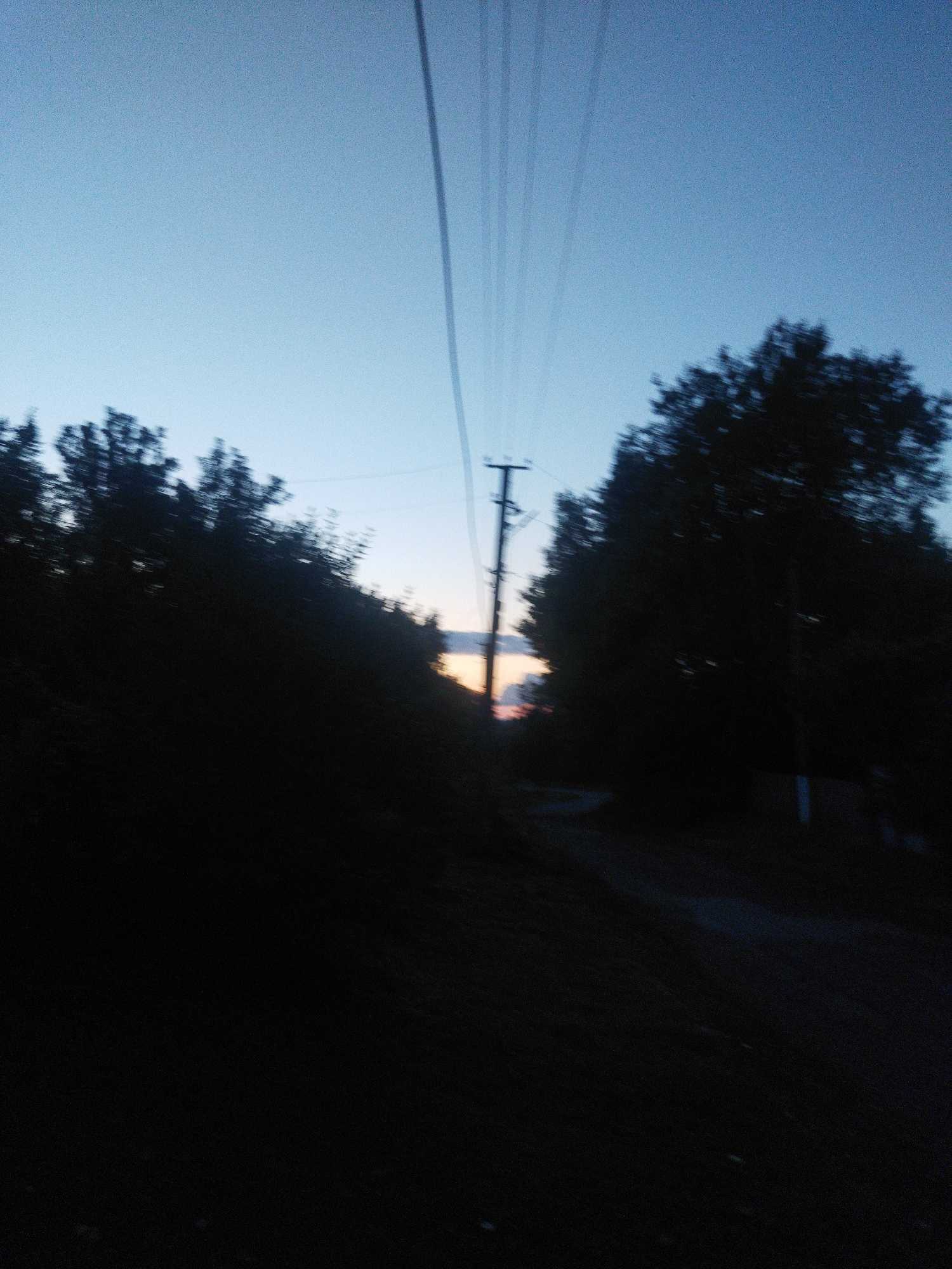 The image depicts a rural scene in Sosnivka, Ukraine, at dusk. Silhouetted trees line a dirt road that curves into the distance. A single utility pole stands prominently to the left of the road, with several wires extending upwards and across the frame. The sky is a gradient of pale blue and light orange, indicating the setting sun. The overall mood is serene and quiet, typical of a rural evening. The low light conditions and the motion blur suggest the photograph was taken either at night or while moving. There is no visible text in the image.