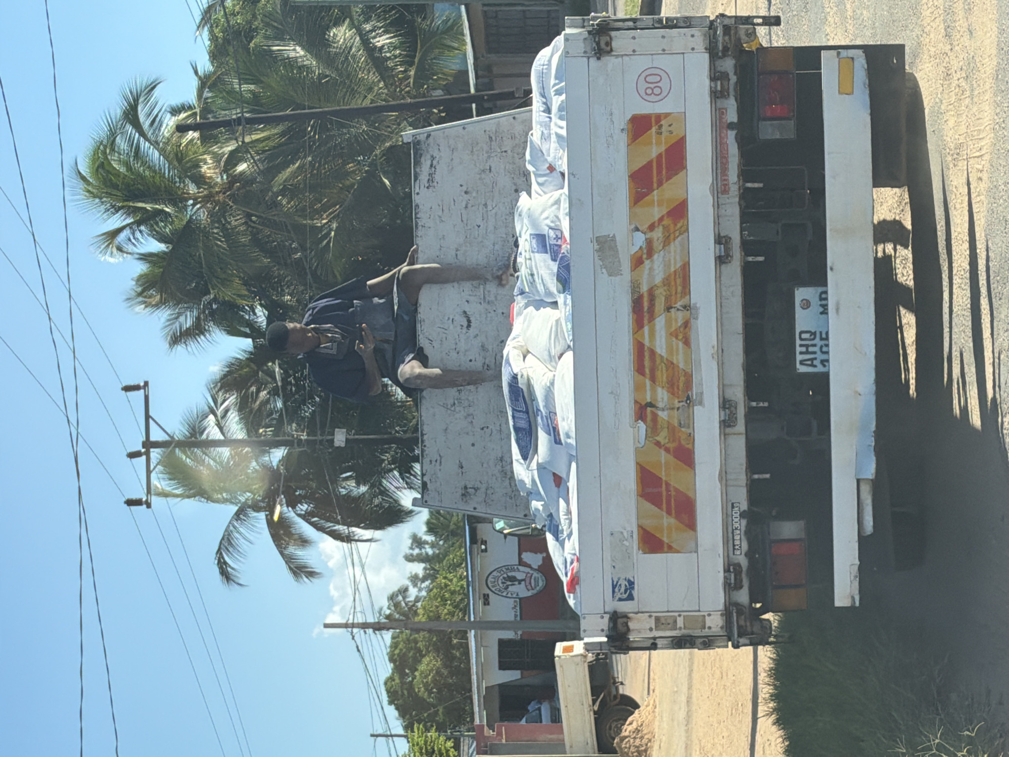 The image depicts the rear of a white flatbed truck moving along an unpaved road under bright daylight. A young man is seated casually on the cargo bed, facing left, surrounded by numerous large white sacks that fill the bed. He wears a dark shirt and shorts and appears to be looking down at an object in his hands.
The truck features red and yellow chevron reflective tape on its rear. A circular sticker displaying "80" is visible, likely indicating a speed limit. The license plate below the tailgate is partially visible, showing "AHQ" and "MD". Another sticker, in Japanese, states "最大積載量 3000kg", which translates to "Maximum load capacity 3000kg".
The surrounding environment suggests a warm or tropical climate, with several tall palm trees visible against a clear blue sky. Power lines are strung across the upper portion of the frame. In the background, to the left of the truck, a building with a distinct red and white sign is partially visible. The sign features the text "TALUMA YA MKULIMA" and a logo that appears to depict a person with farming tools. The bright sunlight casts sharp shadows on the road and ground.