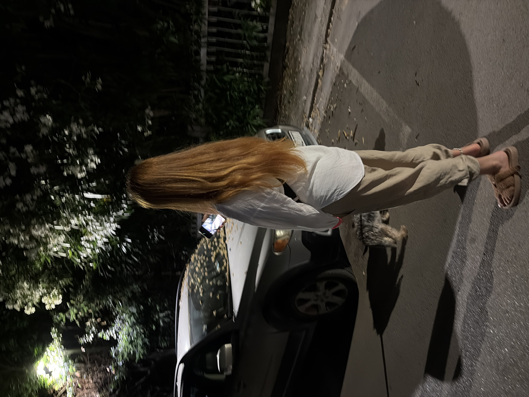 A woman with long auburn hair stands on an asphalt road at night, facing away from the camera and holding a smartphone. She is wearing a white, oversized shirt and tan pants, with brown fuzzy slides on her feet. A small, scruffy dog on a leash stands to her left, facing away from the camera. To the left of the woman is a silver SUV, its hood and windshield covered in scattered leaves. The environment is dark, with a bright streetlight illuminating trees and foliage to the left of the scene. A white wooden fence runs along the right side of the image, behind which dense green foliage is visible. Shadows are cast across the road by the woman, dog, and the vehicle. The overall impression is that of a casual evening walk or moment captured on a street in Budva, Montenegro.