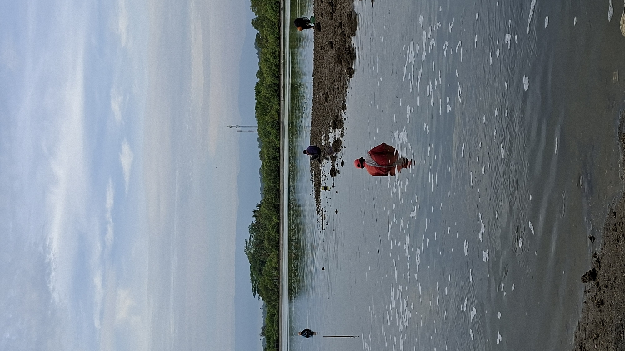The image depicts a low tide scene at the mangrove area of Ujong Blang, Lhokseumawe City, Indonesia. Several individuals are engaged in activities in the shallow water. In the foreground, a person wearing a red top and a red cap is standing in the water. Further back, on a sandy/rocky bank, another person is seated, facing away from the camera. To the left, another individual stands in the water, and to the far right, a person is partially visible, possibly collecting something. The environment consists of calm water with scattered foam, a shoreline with sand and rocks, and a backdrop of lush green mangrove trees and distant mountains under a cloudy sky. Two telecommunication towers are visible in the distance, beyond the mangrove line.