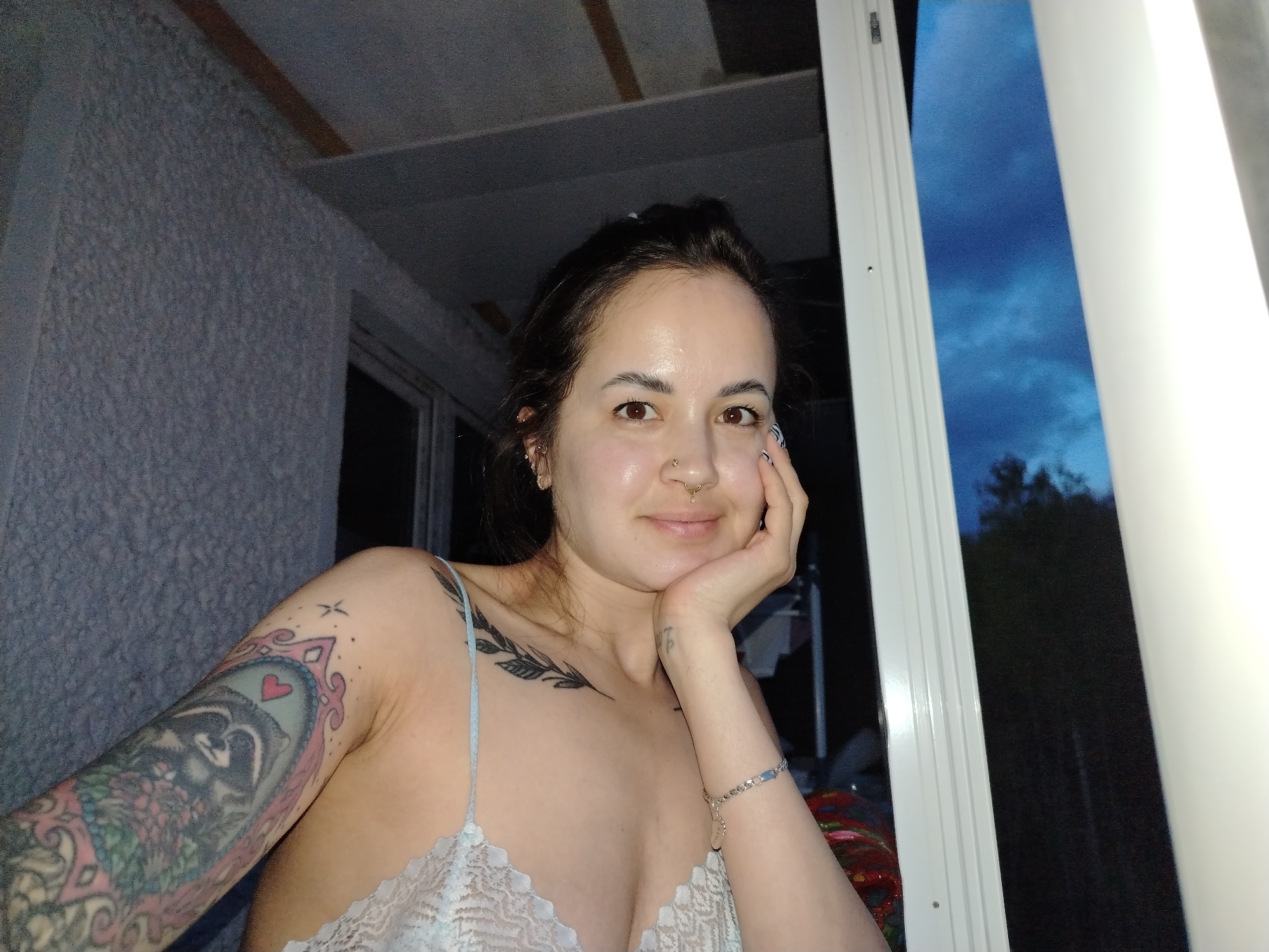 A woman with tattoos poses indoors near a window. She has dark hair pulled back and is wearing a light-colored lace camisole. She is resting her cheek on her hand, which has a bracelet on the wrist. Her left arm has a large, colorful tattoo of raccoons inside of a decorative frame. She has a chest tattoo of a dark leafy plant. There are two piercings on her nose. The background shows a textured wall on the left and a window with a view of a dark, partly cloudy sky at dusk on the right. There is no indication of location in Noviy, Russia.