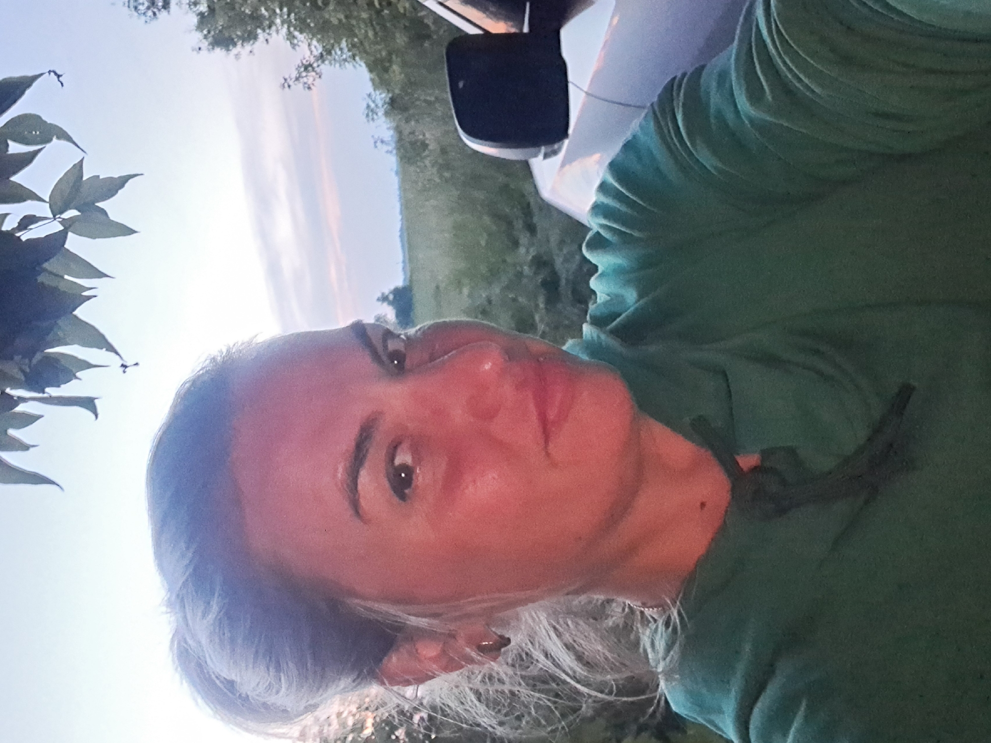 A woman is taking a selfie outdoors in the evening near a white vehicle. She is wearing a green hooded sweatshirt with a tie closure at the neck. Her hair is pulled back in a bun, and she is wearing a small hoop earring. The background shows a field with tall grass and trees. The sky is a pale blue with some clouds, suggesting twilight. The location is identified as Dedinovo, Russia.
