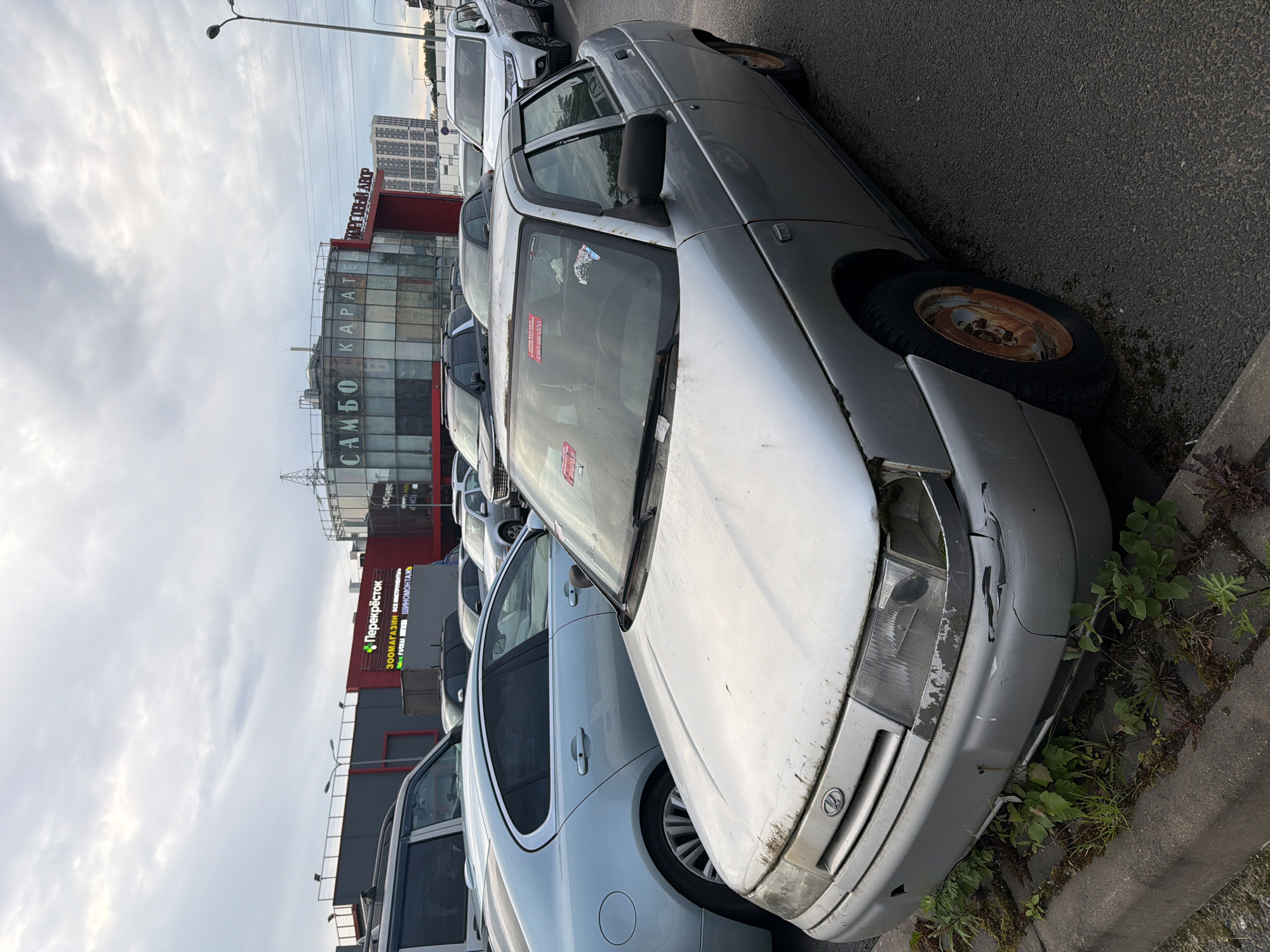 An outdoor, eye-level shot captures a silver Lada sedan parked at the edge of a paved lot, partially overgrown with green foliage. The car, in a state of disrepair, has a damaged headlight and front bumper, with noticeable rust on the orange wheel. Behind the Lada, a light blue Jaguar sedan is visible. Further back, various other vehicles are parked, including a white SUV and a black SUV. In the background, a circular building with "SAMBO KARATE" and "ТОРГОВЫЙ ДВОР" signage is prominent, suggesting a shopping or sports complex. The sky is overcast with visible clouds. The scene appears to be in a commercial or urban area, possibly a parking lot of a shopping center.