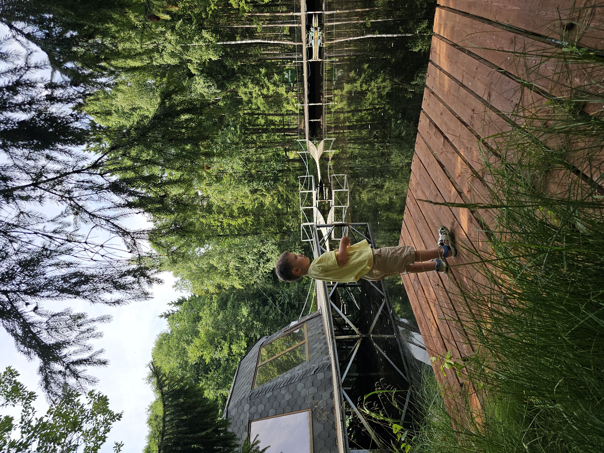 In the city of Ulitkino, Russia, a young boy stands on a wooden pier that extends into a calm lake. The boy, wearing a yellow t-shirt and beige shorts, faces away from the camera, looking out at the water. To the left of the pier, a modern, geodesic dome-shaped dwelling with large windows is situated on stilts over the water. The surrounding environment is a dense forest with tall trees, their reflections visible in the still surface of the lake. The sky above is partly cloudy.