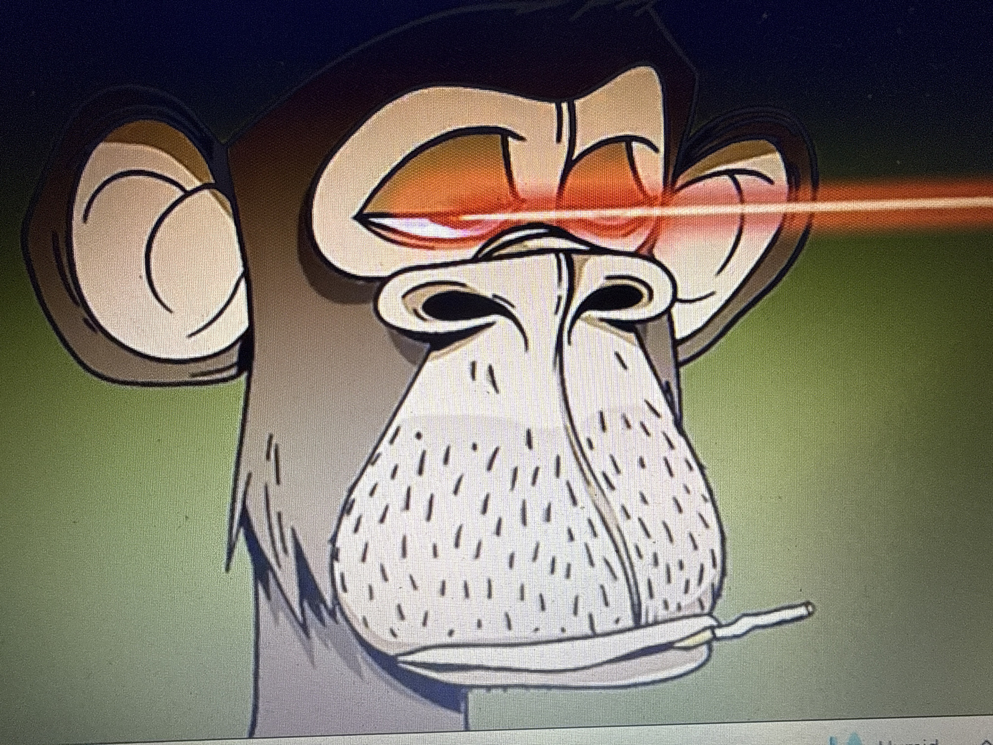 The image depicts a cartoon ape with beige fur and dark brown markings around the eyes, head, and ears. The ape has closed eyes emitting red laser beams. It has a large, white, beard-like area on its face with short, dark vertical dashes. A cigarette is positioned in the ape's mouth. The background is a gradient of dark blue and green. There is no indication of the city Varna, Bulgaria.