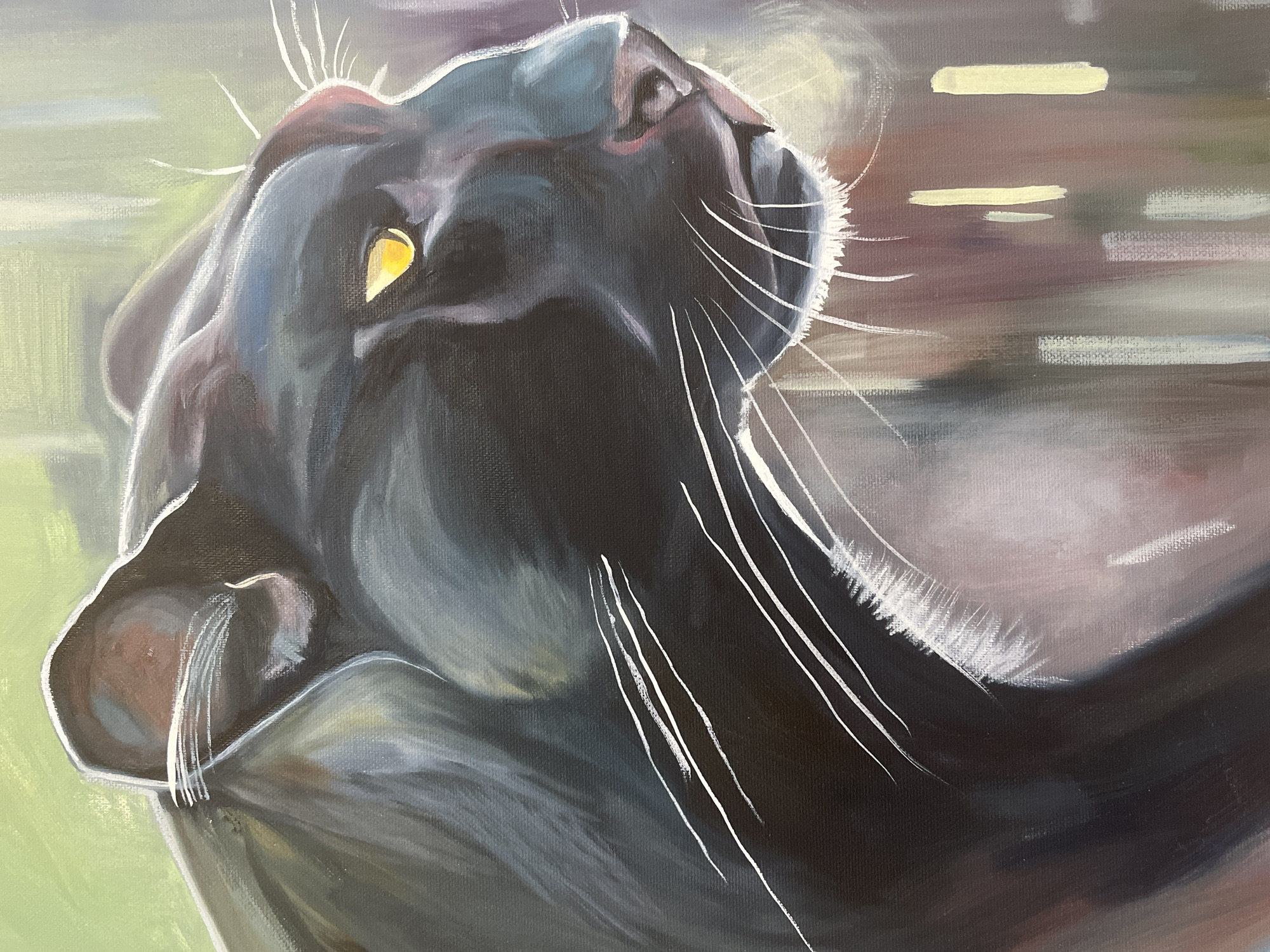 This is a close-up oil painting of a black panther's head, rendered in a semi-realistic style with visible brushstrokes. The panther is shown in profile, facing to the right. Its fur is a deep black, highlighted with subtle blues and purples, and rendered with smooth gradients. The panther's eyes are a striking yellow-orange, with a bright reflection in the pupils. Its whiskers are depicted as thin, sharp white lines radiating from its muzzle. The background is abstract and impressionistic, with vertical strokes of muted greens, purples, browns, and yellows, suggesting a natural environment like foliage or perhaps dappled light. There is no indication of the city of Nesebar, Bulgaria, or any urban environment in the painting.