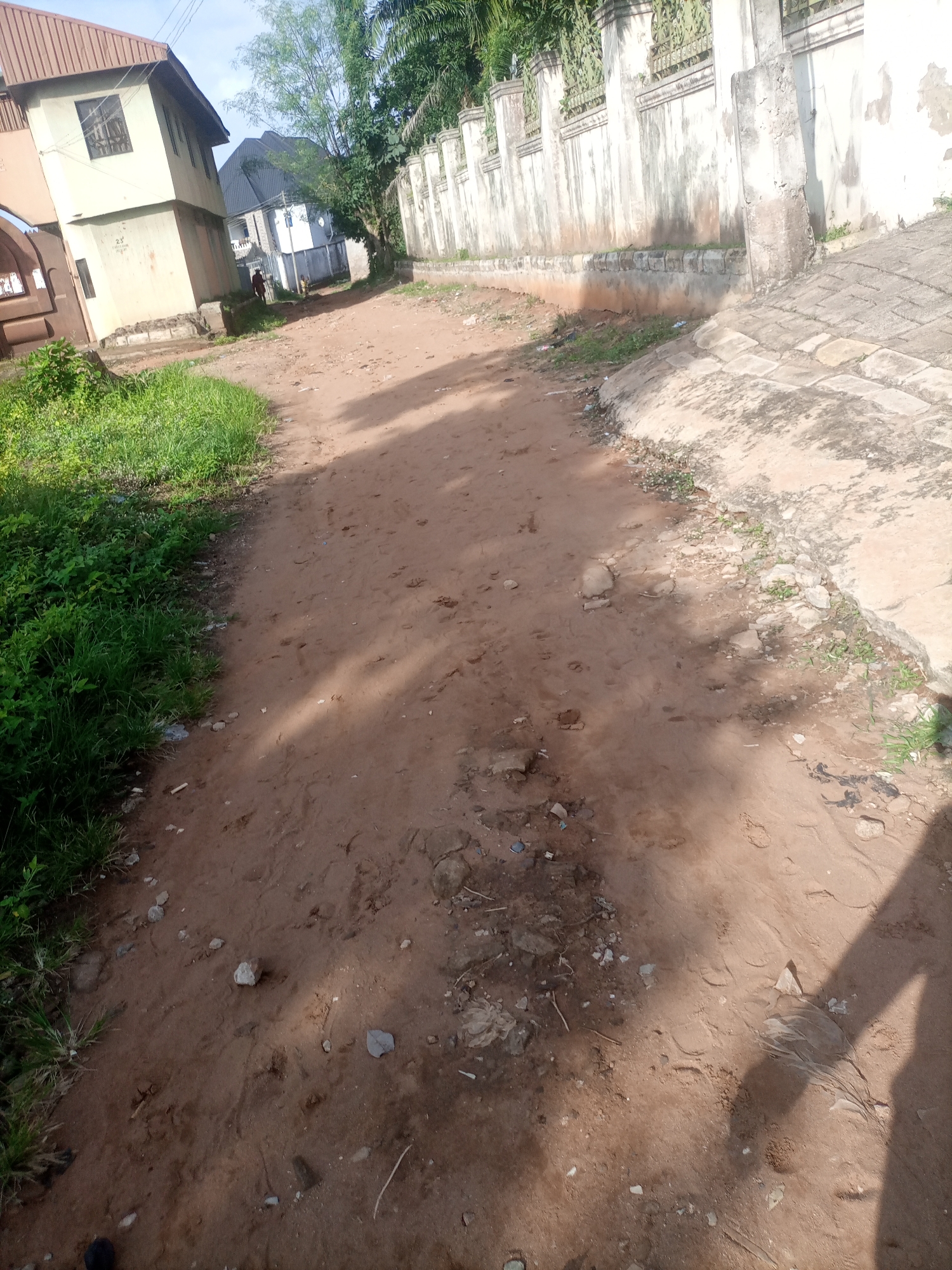 The image depicts a dirt road in Nkpor, Nigeria, flanked by lush green grass on the left and a white, textured wall with a decorative railing on the right. A building with a brown, corrugated metal roof and a light-colored facade is visible on the far left. Further down the road, another building with a dark, angular roof and a white exterior can be seen. Two individuals are present on the road; one, wearing a dark shirt, is walking away from the camera, and another, in a light-colored shirt, is standing near the second building. The ground is uneven, with scattered stones and debris. Shadows cast by trees and possibly the buildings create a dappled effect on the road. The sky is clear, with visible tree branches and foliage from palm trees or similar vegetation. The overall scene suggests a sunny day in a semi-urban or residential area.