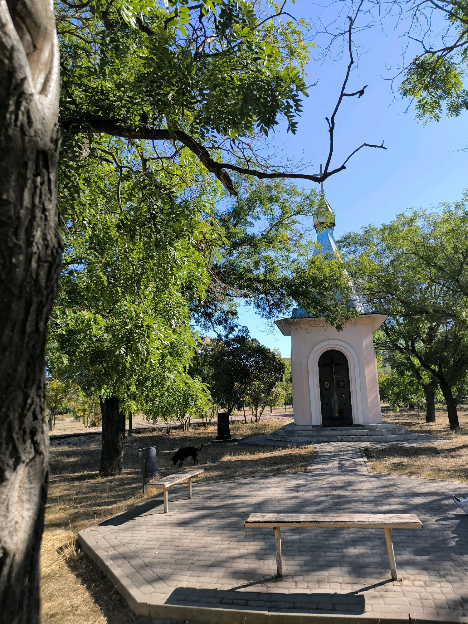 The image depicts an outdoor scene featuring a small chapel with a blue-domed roof, situated amidst trees and dry grass. A paved walkway leads to the chapel, and two wooden benches are placed along the path. In the background, a black dog is visible foraging. The environment appears to be a park or a cemetery, characterized by the presence of trees, sparse vegetation, and a tranquil, sunny atmosphere. The sky is clear and blue. The location is identified as Mykolaiv, Ukraine.
