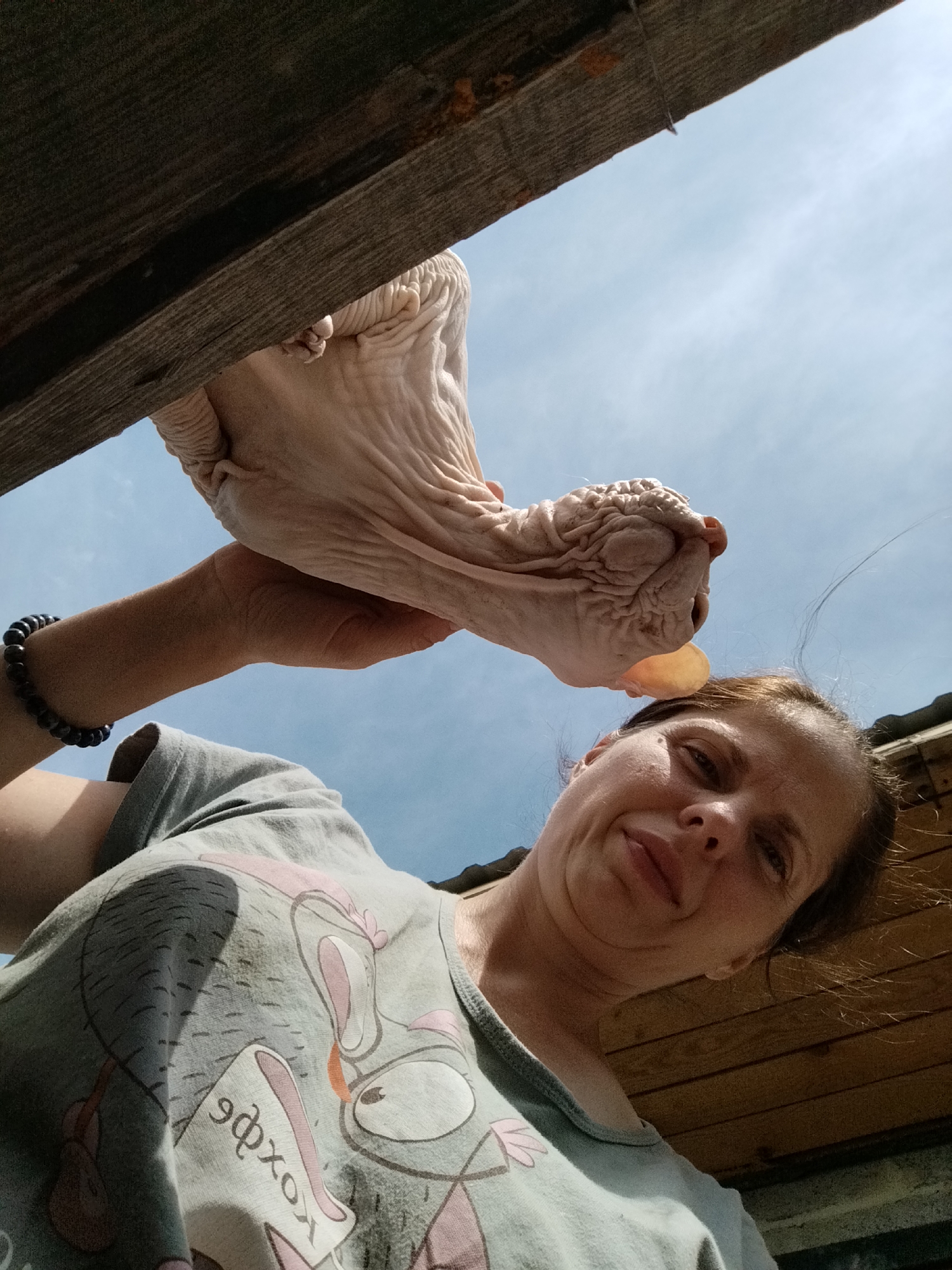 A low-angle, close-up shot captures a woman holding a Sphynx cat against a bright blue sky with some white clouds. The woman is wearing a light gray t-shirt with a cartoonish illustration of what appears to be a rabbit. A dark beaded bracelet is visible on her left wrist. The cat, held aloft, displays its characteristic wrinkled skin and is positioned with its head near the woman's face. The background includes wooden structures, suggesting an outdoor setting. The image was taken on June 20, 2023, in Zavodoukovsk, Russia.