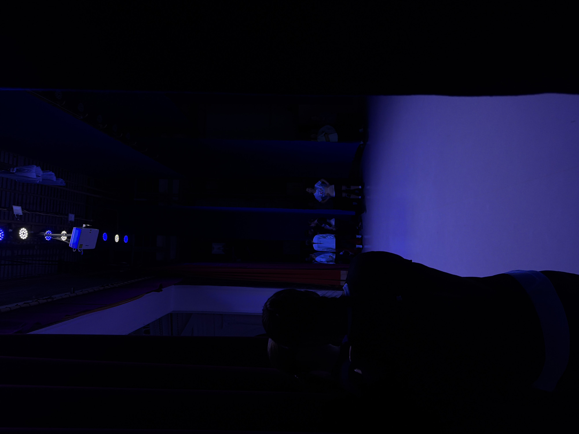 This image, taken in Perm, Russia, depicts an indoor event, likely a performance or presentation, characterized by a dark environment illuminated by artificial light. The perspective is from an elevated position, looking down into the scene.
In the immediate foreground, a person is prominently silhouetted, with their head slightly bowed. A light blue band or strap is visible around their waist. The foreground itself consists of dark, likely carpeted steps or tiered seating.
To the left, a series of stage lights and fixtures are visible, some emitting white light, others blue. A rectangular white box with blue accents is also part of the lighting array.
In the mid-ground, several other individuals are present, some partially illuminated by the ambient blue light. One person wearing a light-colored shirt (possibly white or pale blue) is discernible. The right side of the image features a large, brightly lit blue surface, which could be a wall, screen, or backdrop.
The scene conveys a dramatic atmosphere typical of a theater or concert hall, suggesting an event is underway or about to begin. The lighting emphasizes a contrast between dark shadows and vibrant blue hues. No text is visible in the image.