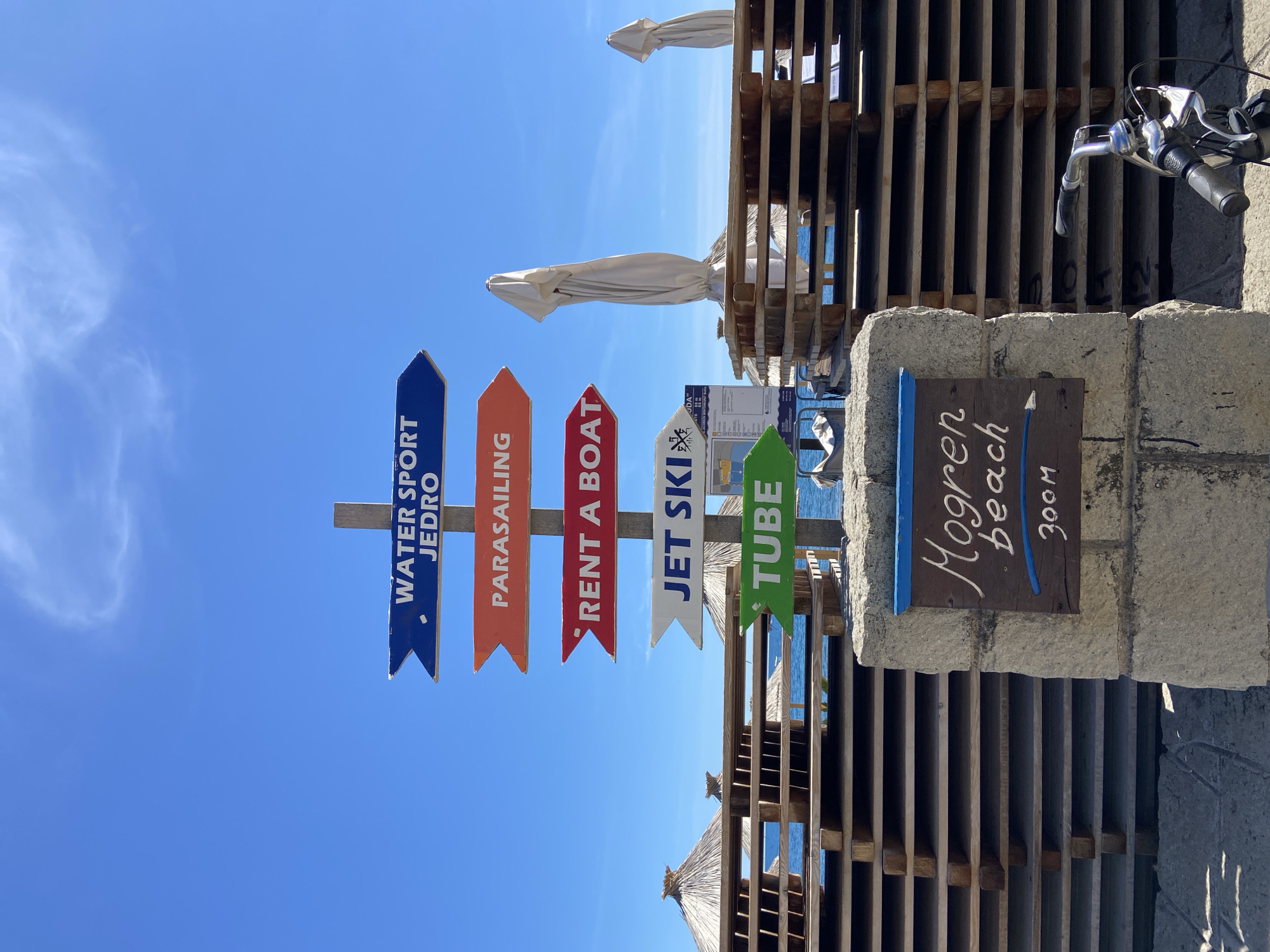 The image shows a signpost in Budva, Montenegro, pointing to various activities and locations. The signs, arrayed on a wooden post, indicate directions for "Water Sport Jedro," "Parasailing," "Rent A Boat," "Jet Ski," and "Tube." A separate sign on the right points towards "Mogren Beach" at a distance of 300 meters. The signs are colorful, with each activity represented by a different color. The sky is clear and blue, and the background reveals a partially obscured view of the sea and a wooden structure, possibly a beachside facility. The handle of a bicycle is partially visible in the upper right corner.