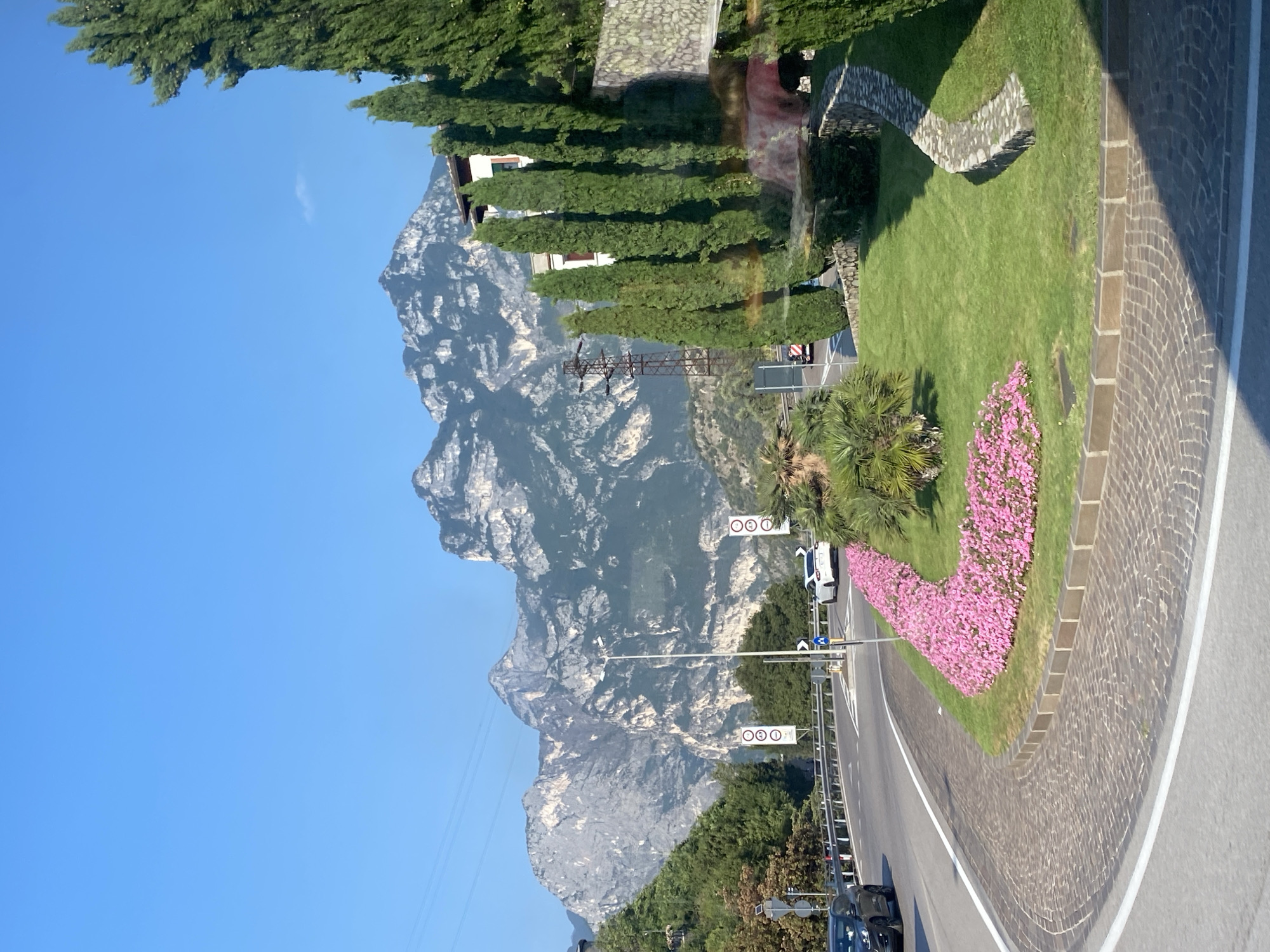 The image shows a curved road with cobblestone paving on the left side, bordered by a white line. A dark-colored car is visible on the left side of the road, and a white car is ahead, turning onto the road. In the center of the image, a well-maintained circular garden features a patch of vibrant pink flowers, lush green grass, and a few palm trees. Tall, dark green cypress trees line the right side of the garden, with a stone wall and building visible behind them. In the background, a large, rugged mountain range dominates the landscape under a clear blue sky, with power lines and a distant transmission tower also visible. The scene appears to be an urban or semi-urban setting in Nago, Italy, likely during daylight hours with good weather conditions.