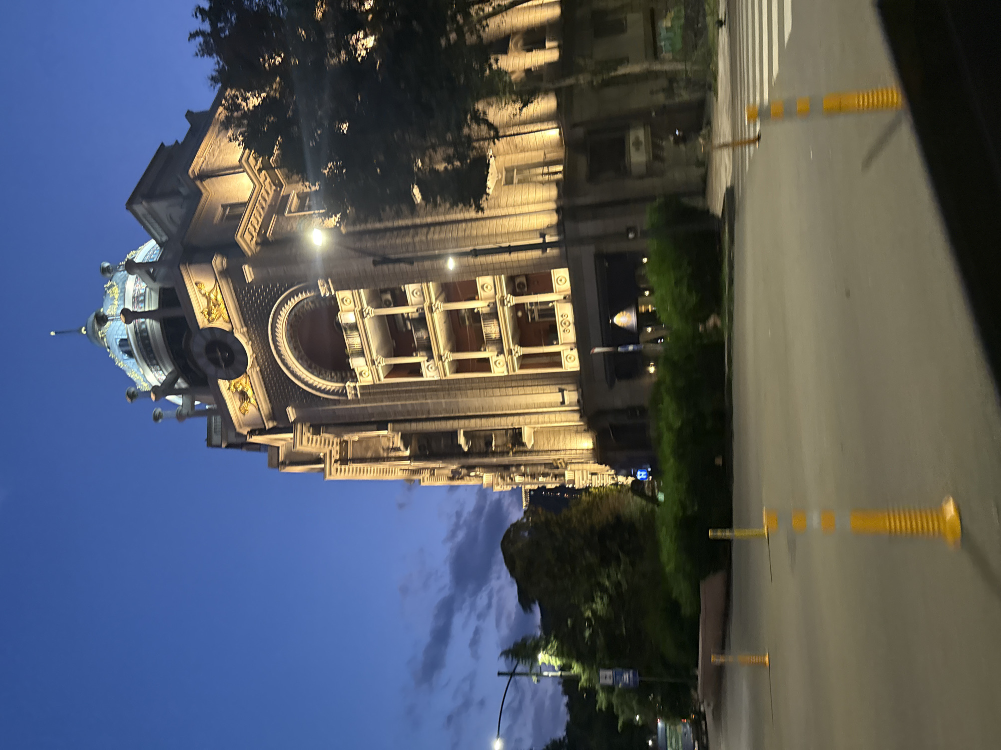 This is a nighttime, eye-level, exterior, full shot of a grand, ornate building in Tbilisi, Georgia. The building, with its classical architecture, is illuminated, highlighting its intricate details, including balconies, columns, and a prominent dome topped with a spire. The sky above is a deep twilight blue, with some wispy clouds visible. In the foreground, there is a street with traffic cones and a pedestrian crossing. Trees and foliage line the street and partially obscure parts of the building, suggesting an urban park or boulevard setting. The overall impression is one of architectural grandeur set against a dusky urban backdrop.