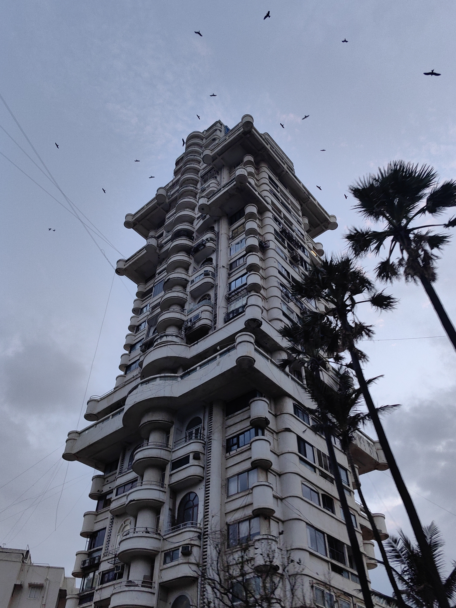 A low-angle, medium shot captures a tall, ornate, cream-colored apartment building with multiple balconies and curved architectural details, set against a pale blue sky filled with scattered clouds and a flock of birds in flight. The building's distinctive facade features rows of circular balconies, some projecting outwards and others recessed. Several palm trees, silhouetted against the sky, are visible in the foreground and to the right of the building. Thin, taut wires crisscross the sky in the upper left quadrant of the image. The scene appears to be located in Mumbai, India, given the architectural style of the building and the presence of palm trees.