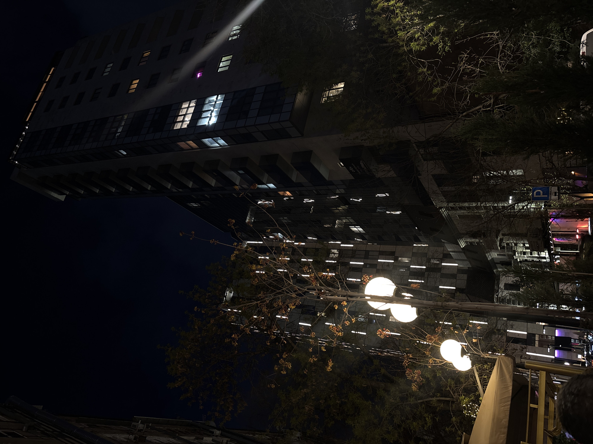 The image captures a nighttime urban scene, oriented horizontally, focusing on a modern high-rise building, trees, and streetlights in Yerevan, Armenia.
A tall, dark-colored building occupies the left half of the frame, extending horizontally from left to right. Its facade is punctuated by numerous windows, some of which are brightly illuminated, particularly a larger section on a lower floor. The building exhibits visible architectural protrusions or balconies along its base.
On the right side of the image, dense foliage from several trees fills a significant portion of the frame. In the mid-ground, three prominent spherical streetlights emit a bright, warm glow, illuminating some of the tree branches, which also display small, light-colored clusters, possibly flowers or dried leaves.
In the background, on the right, a blue parking sign with a white "P" and an electric vehicle charging station icon is clearly visible. Further into the background, subtle hints of other structures and faint, colorful ambient lights suggest a vibrant urban environment. In the bottom right corner, a light-colored awning or canopy is partially visible, and a small part of what appears to be a person's head is just within the frame.
The overall impression is a quiet, well-lit street scene at night. The time of day is clearly dark night. There is no specific activity taking place. The only visible text is on the blue parking sign.