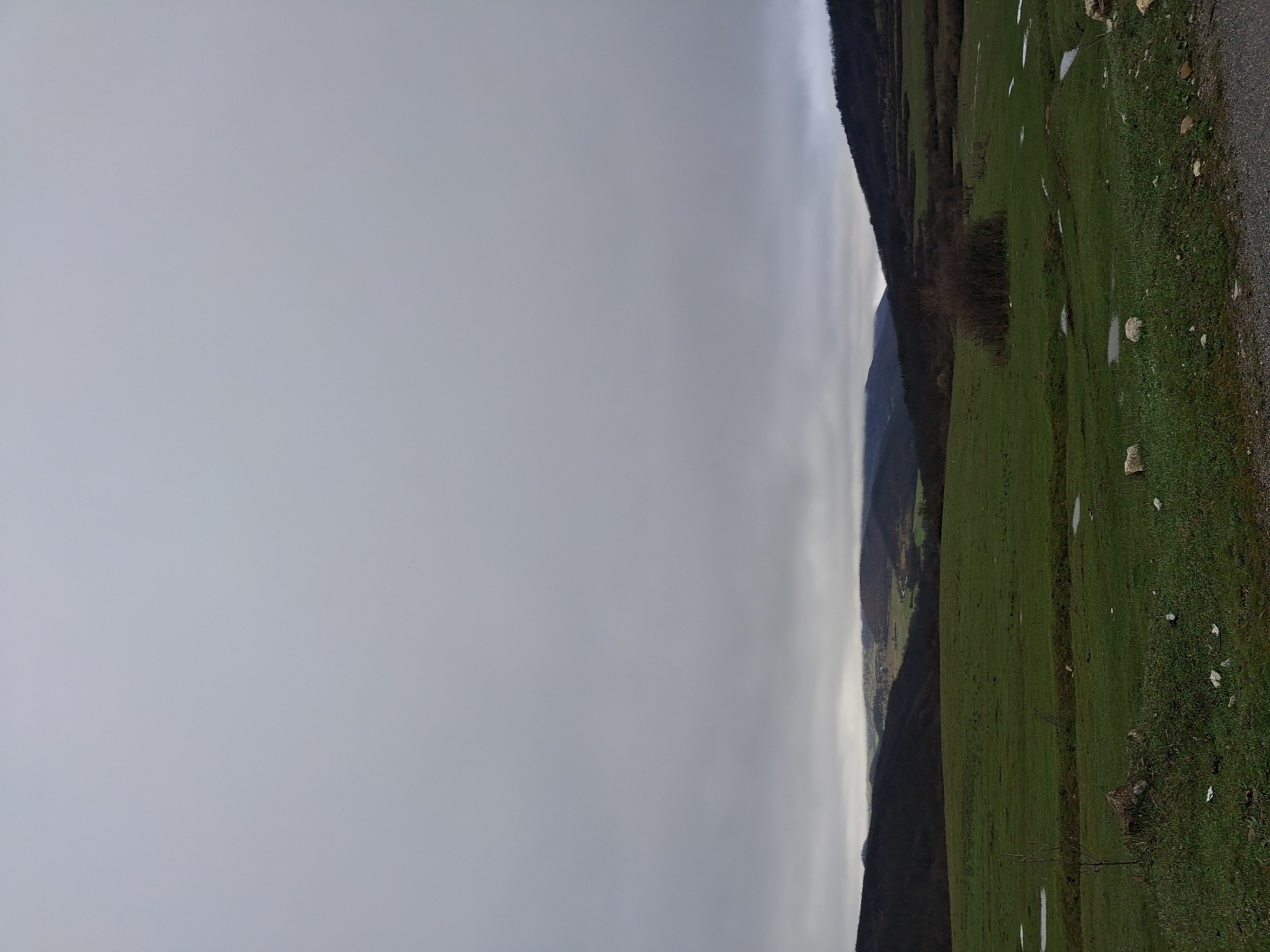 The scene depicts a rural landscape in Gradets, Bulgaria. A field of green grass with scattered pools of water stretches along the right side of the image, bordered by a dark, tree-covered mountain ridge. A narrow asphalt road runs parallel to the field. The left side of the image is dominated by a grey, overcast sky, suggesting a cloudy day. No people or animals are visible.
