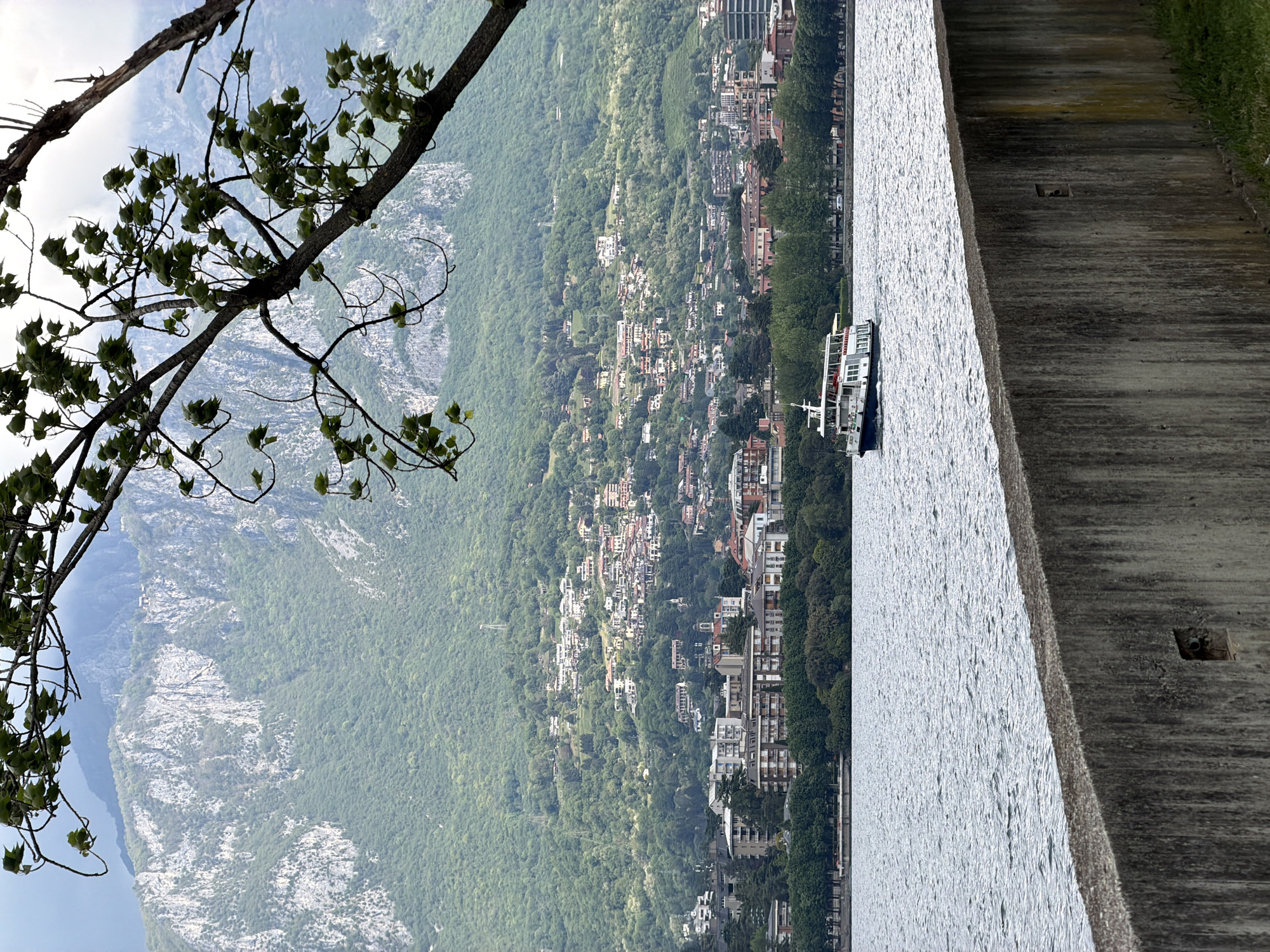 A scenic landscape photograph captures a tranquil view of Lake Lecco in Valmadrera, Italy, likely during daytime under hazy or overcast conditions. In the upper left foreground, a prominent tree branch adorned with green leaves extends into the frame. On the right, a rough, dark grey concrete wall or embankment forms a solid edge along the water.
The expansive body of water, characteristic of Lake Lecco, occupies the midground, its surface displaying gentle ripples that reflect the soft light. A white, multi-deck boat, possibly a ferry or tour vessel, with subtle red accents, is visible cruising on the lake, heading towards the left side of the frame.
Beyond the lake, the opposite shore is dominated by steep, heavily forested mountains that rise dramatically. A town or settlement is nestled along the base and lower slopes of these mountains, featuring numerous buildings with varied architectures. The distant mountains recede into a hazy, light blue sky. No individuals are visibly present, and no legible text can be discerned on the boat or elsewhere in the image. The scene evokes a sense of peaceful coexistence between the natural grandeur of the mountains and lake and human habitation.