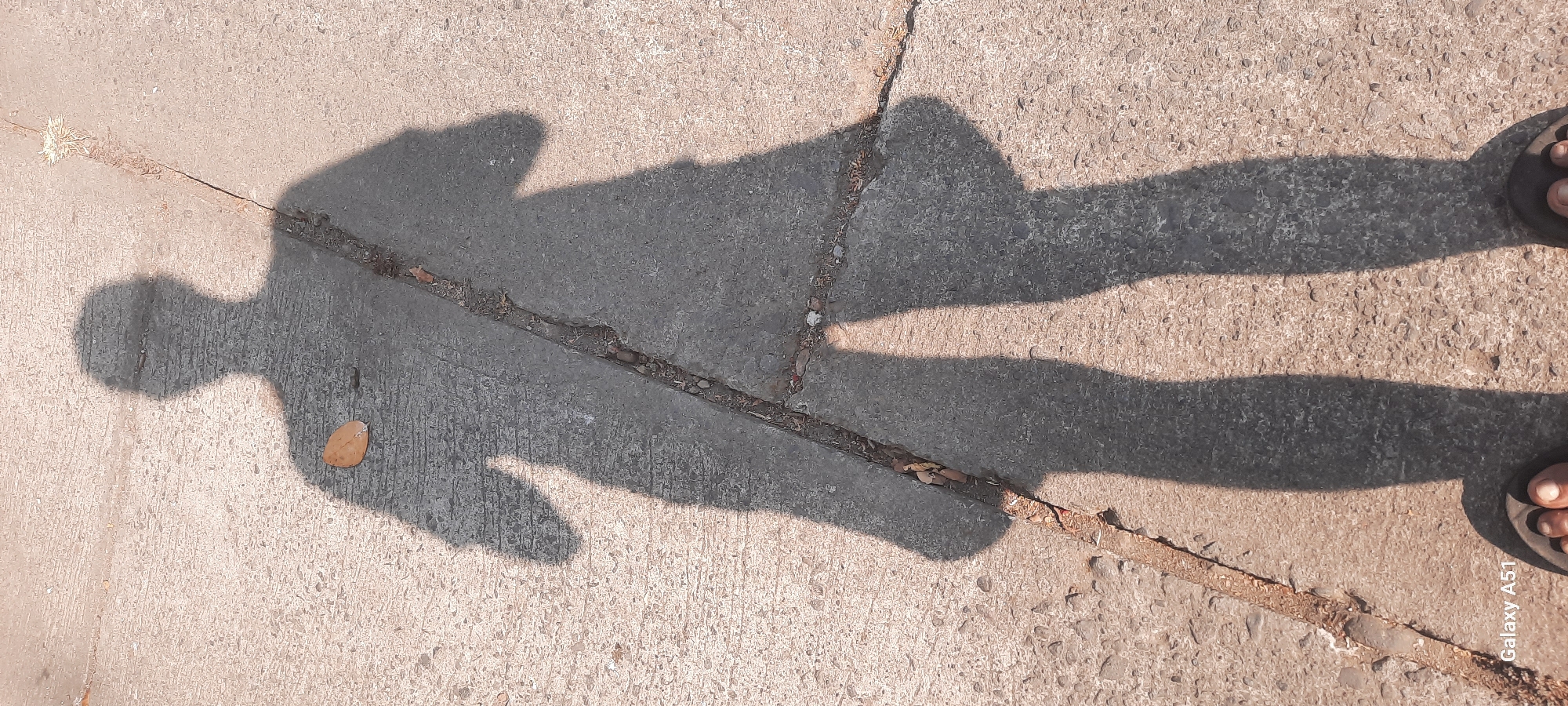 A shadow of a person standing on a concrete path is cast on the ground. The shadow is long and stretches across the path, indicating the sun is low in the sky. The path appears to be outdoors, possibly in a park or on a street. There is a fallen leaf on the ground near the shadow's torso. The "Galaxy A51" watermark is visible in the bottom left corner of the image. The image was taken in Ploso, Indonesia.