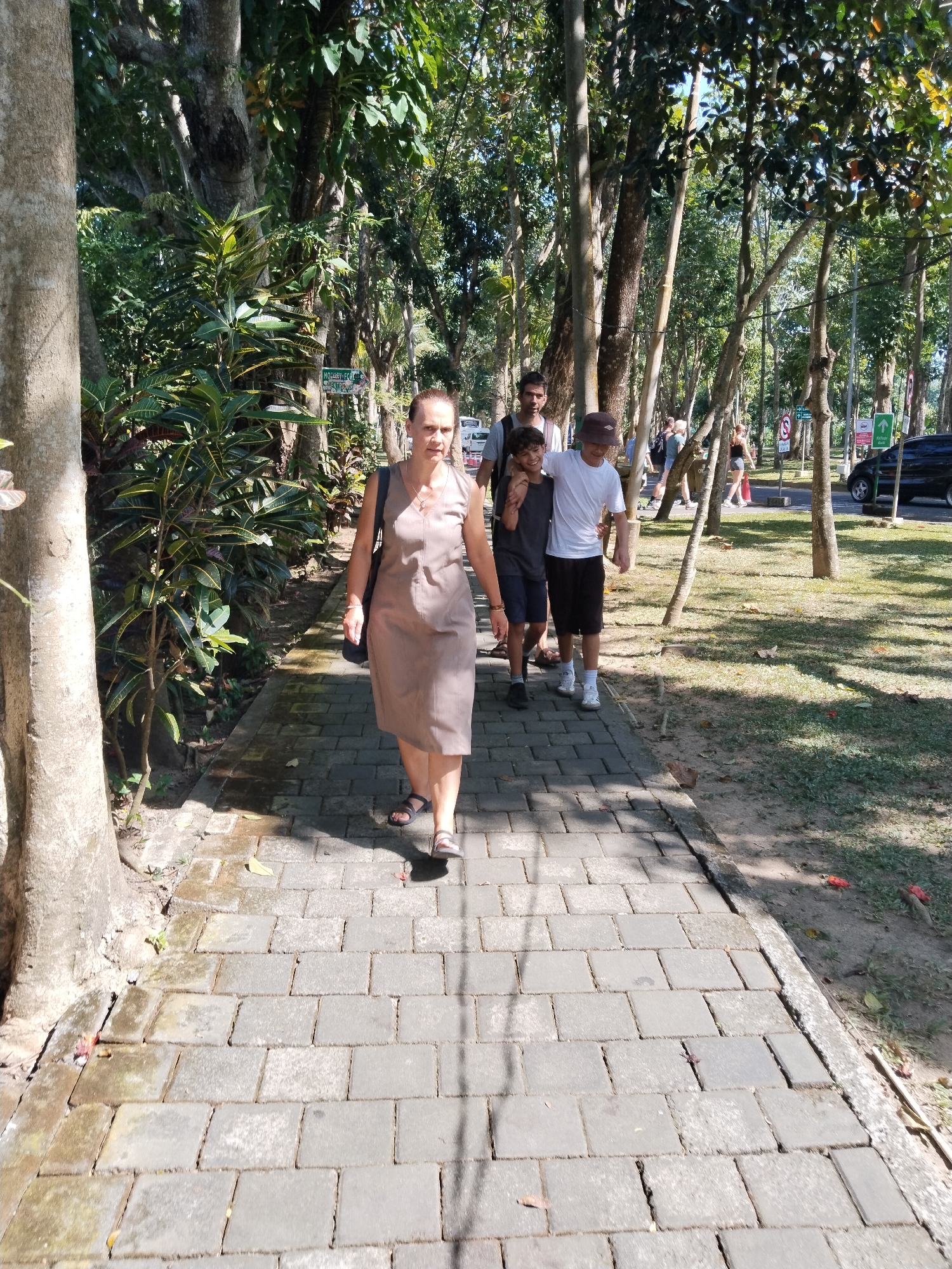In Ubud District, Indonesia, a group of people walk along a paved pathway bordered by lush greenery and trees. In the foreground, a woman in a taupe dress walks towards the camera, carrying a dark bag over her shoulder. Behind her, three younger individuals walk together. The two closest are a man in a grey t-shirt and shorts and a boy in a white t-shirt and dark shorts, with the boy's arm around the man's shoulder. Another individual is partially visible behind them. The pathway is made of rectangular grey pavers, and the surrounding area is a mix of grass and dense vegetation. In the background, traffic signs and a dark vehicle are visible, suggesting a public area or roadway nearby. The scene is illuminated by sunlight filtering through the trees, creating dappled shadows.
