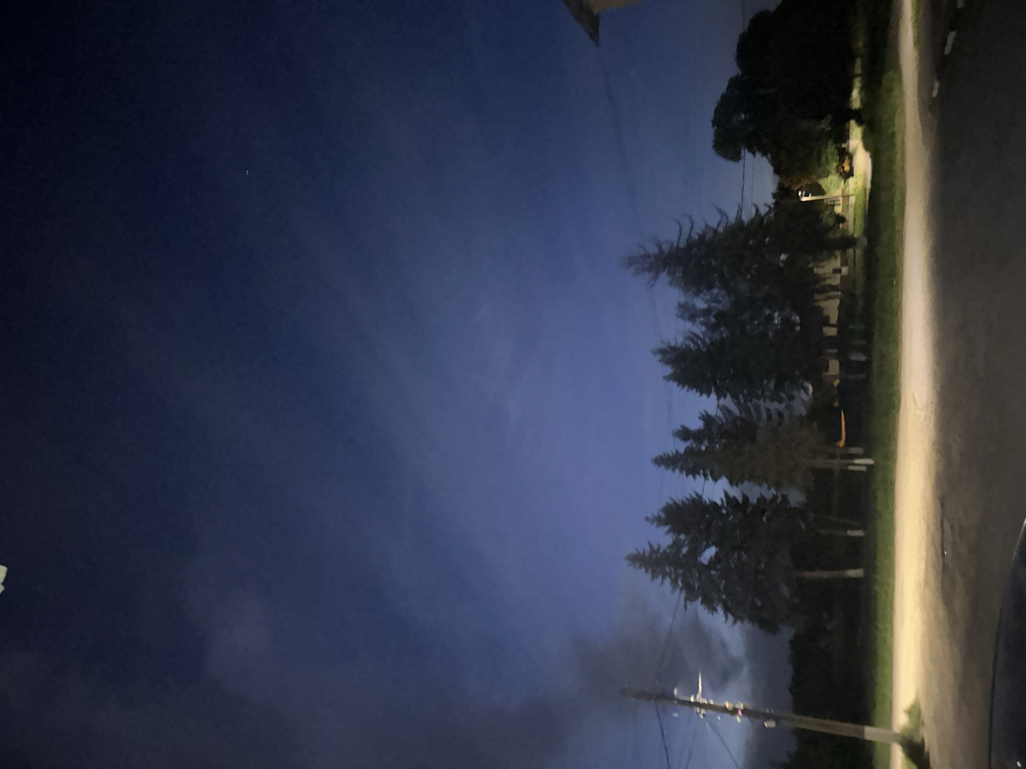 The image depicts a dark scene, likely taken at dusk or night. A line of tall evergreen trees stands along a road, illuminated by a bright light source from the right. Power lines and a utility pole are visible near the bottom. The sky is a deep blue, possibly indicating twilight or a night sky. The location appears to be a rural or suburban area. The image does not appear to be of Aleksandrovo, Bulgaria.