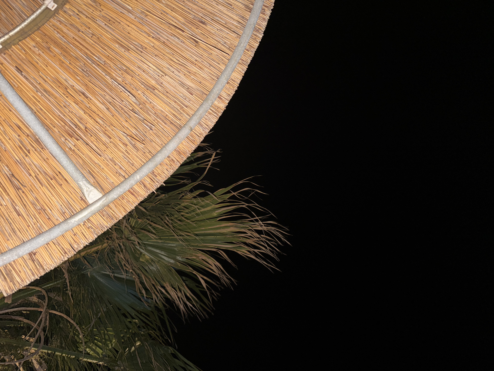 The image shows a close-up, overhead view of a thatched umbrella with palm fronds to the left. The umbrella is constructed from dry reeds or straw, bound together and supported by a metal frame. The reeds are tightly packed and exhibit a natural, straw-like color. A gray metal pole, part of the umbrella's structure, runs diagonally across the image. On the left side, lush green palm fronds hang downwards, some appearing dry and wispy at the tips. The background is entirely black, suggesting the photo was taken at night or in very low light conditions. The scene is likely outdoors, given the natural elements. The specific location in Viglafia, Greece is not visually discernible from the image alone.