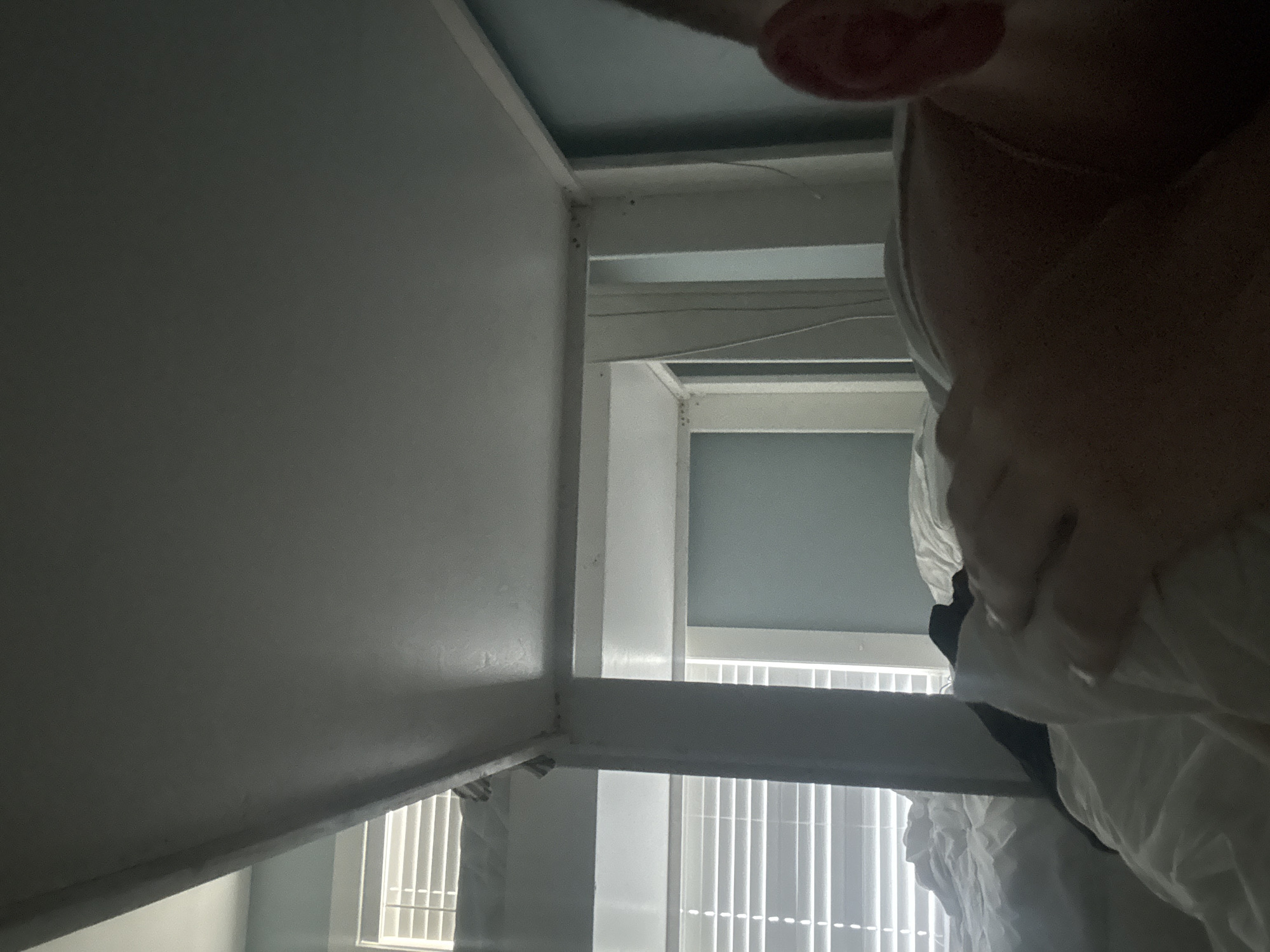 The image shows a bedroom interior, likely in Panama City Beach, United States of America. The perspective is from under a bunk bed, looking upwards. A person is lying on a bed with white sheets, partially obscured by the bed frame. Their right arm is visible resting on a white pillow, and their ear is visible on the right side of the frame. The background shows a window with horizontal blinds and a wall painted in a light blue hue. The bunk bed frame is made of white painted wood. The lighting is dim, suggesting it might be early morning or evening.