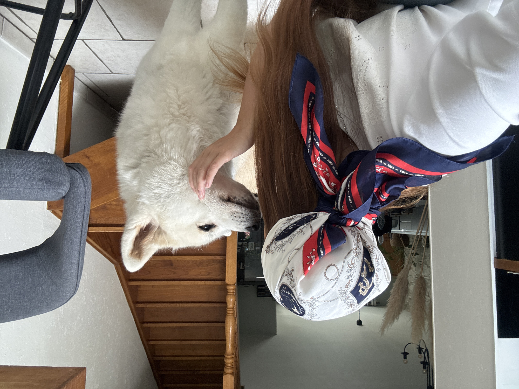 A person wearing a white top and a patterned headscarf is leaning towards a fluffy white dog, with their faces close together. The person is holding the dog's head with their right hand. The dog appears to be an Akita or similar breed. In the background, there is a wooden staircase, a gray bar stool, and some decorative reeds in a vase. The setting appears to be an indoor residential environment.