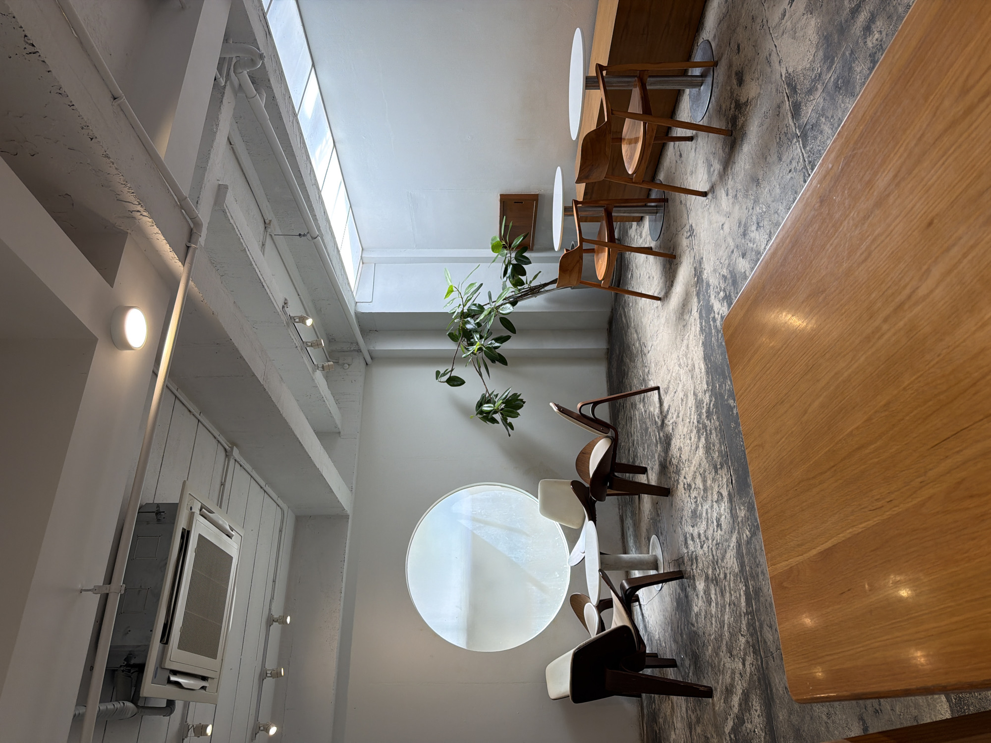 The image depicts the interior of a modern, minimalist cafe with a concrete floor. In the foreground, a large wooden table with a polished surface is visible. Behind it, a seating area features four distinctive wooden chairs with white cushioned seats arranged around a small, round white table. To the right, two more wooden chairs are positioned around a similar small white table, with a long, built-in wooden bench behind them. A tall potted plant with lush green leaves stands between the seating groups. The back wall is dominated by a large, circular window that diffuses natural light. The ceiling is exposed, showing white-painted beams and ductwork, with a visible air conditioning unit. Natural light also enters from a skylight in the ceiling. The overall aesthetic is clean, airy, and contemporary.