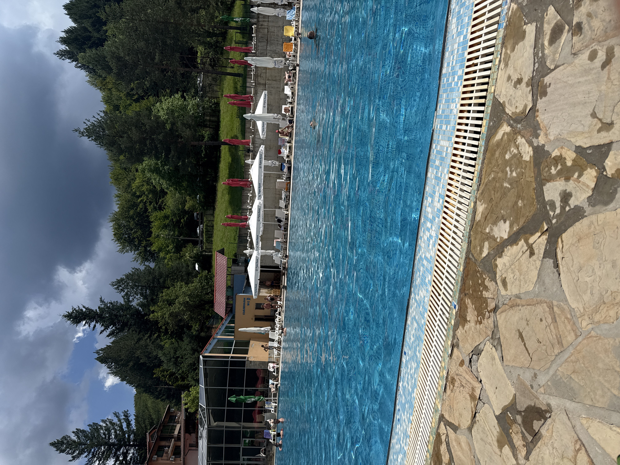 This is a photograph of an outdoor swimming pool complex in Chiflik, Bulgaria. The pool is filled with bright blue water, with visible ripples and sunlight reflecting off the surface. The foreground shows the edge of the pool with a mosaic tile border and a stone-paved area. In the mid-ground, the pool is populated with several people swimming and relaxing. Along the far edge of the pool, there are rows of lounge chairs and umbrellas, with a building complex featuring a glass-enclosed section visible behind them. The background consists of a dense forest with tall evergreen trees and deciduous trees, with a cloudy sky overhead.