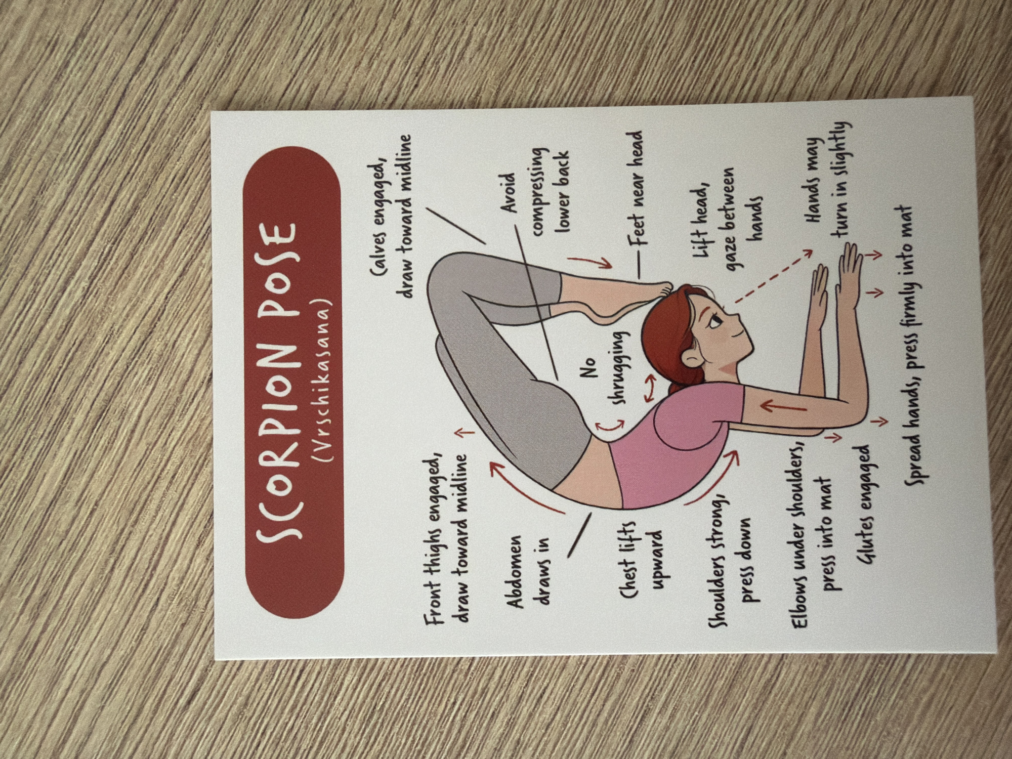 The image is a diagram illustrating the Scorpion Pose in yoga. The diagram features a cartoon drawing of a woman performing the pose, with various lines and text indicating the correct body alignment and engagement of muscles. The text labels include "SCORPION POSE (Vrschikasana)," "Front thighs engaged, draw toward midline," "Abdomen draws in," "Chest lifts upward," "Shoulders strong, press down," "Elbows under shoulders, press into mat," "Glutes engaged," "Spread hands, press firmly into mat," "Calves engaged, draw toward midline," "Avoid compressing lower back," "Feet near head," "No shrugging," "Lift head, gaze between hands," and "Hands may turn in slightly." The diagram is printed on a white card with a red border at the top containing the pose's name. The card is placed on a light brown wooden surface with a visible grain pattern. There is no information within the image or its context that provides any location in Pazardzhik, Bulgaria.