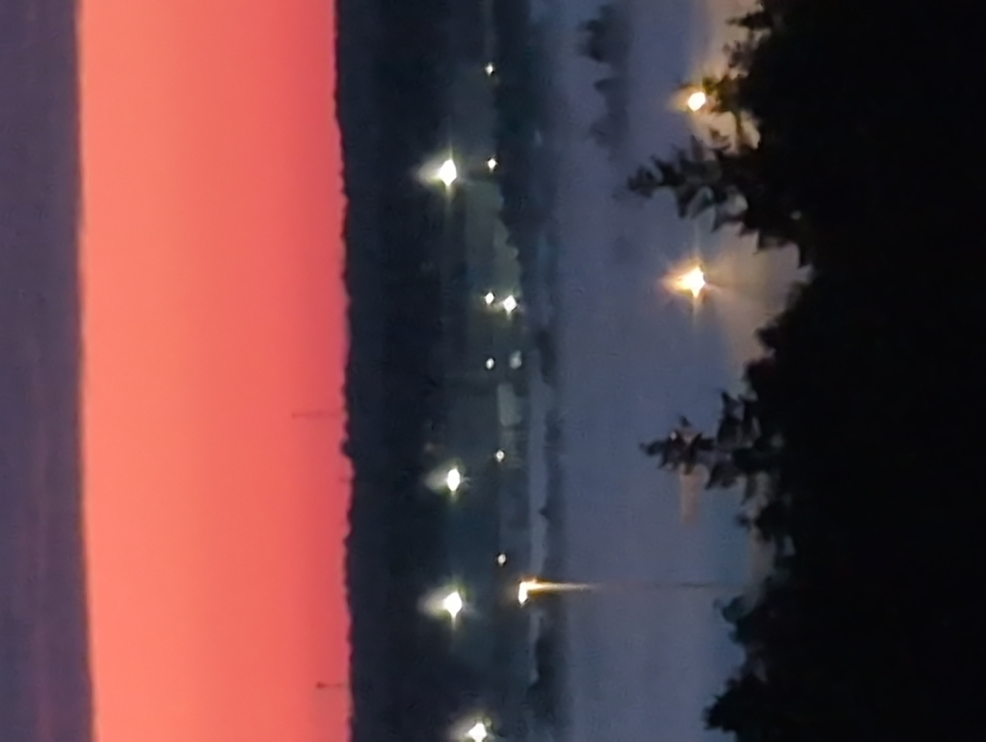 This is an image of a hazy landscape with a bright pink and purple sky, suggesting either sunrise or sunset. In the foreground, silhouetted trees stand dark against the sky. In the middle ground, a layer of fog or mist covers the landscape, obscuring the details of what lies beneath. Scattered lights, appearing as bright starbursts, pierce through the fog, suggesting artificial illumination from a distant area. The lights are strategically placed, with some appearing in rows, hinting at infrastructure like roads or a settlement. In the background, the horizon is a dark, indistinct line, and the sky transitions from a deep purple at the top to a vibrant pink. There are no discernible people or specific landmarks that would allow for precise identification of a location within Saint Petersburg. The overall impression is one of an atmospheric, slightly mysterious scene, possibly on the outskirts of a city.