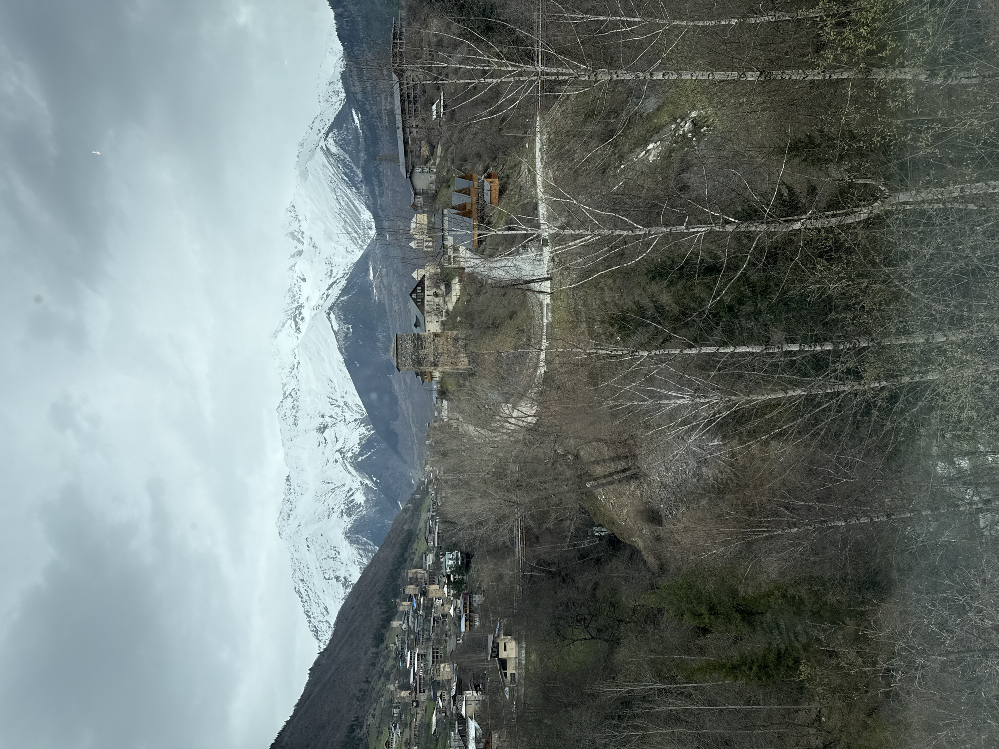 The image depicts a mountainous landscape with a village nestled in the valley. The scene is taken at an angle, and shows a row of birch trees in the foreground. Behind the trees lies a small village with buildings clustered together. Further back, snow-capped mountains dominate the horizon. The sky is overcast. It is likely a shot of the city of Mestia, Georgia.