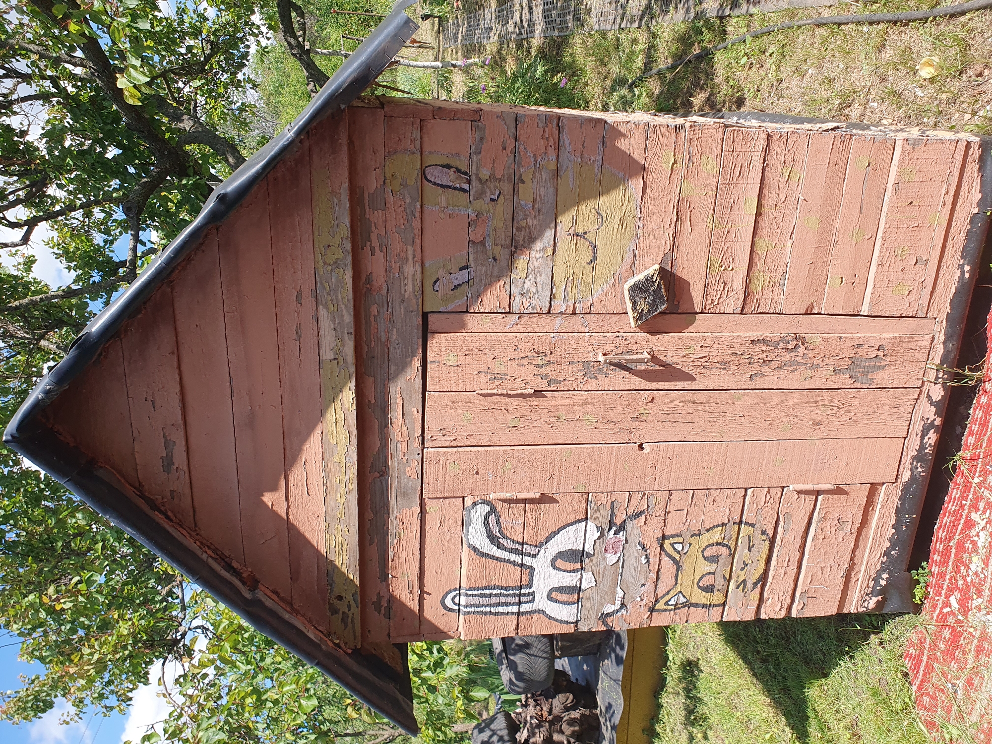 A weathered, pink wooden shed with peeling paint stands in an outdoor environment. The shed has a dark, angled roof and a central double door. On the left side of the shed, painted images of a white rabbit with large ears and pink cheeks, and below it, a yellow cat with green eyes are visible. On the right side of the shed, faint outlines of what appear to be two rabbit ears and facial features are painted. The shed is surrounded by green grass, some dry vegetation, and a red rug or mat on the ground in the foreground. Trees with green leaves are present in the background, and a pathway made of grey paving stones is visible to the right of the shed. The sky is blue with scattered white clouds. This scene is located in Novoivanivka, Ukraine.