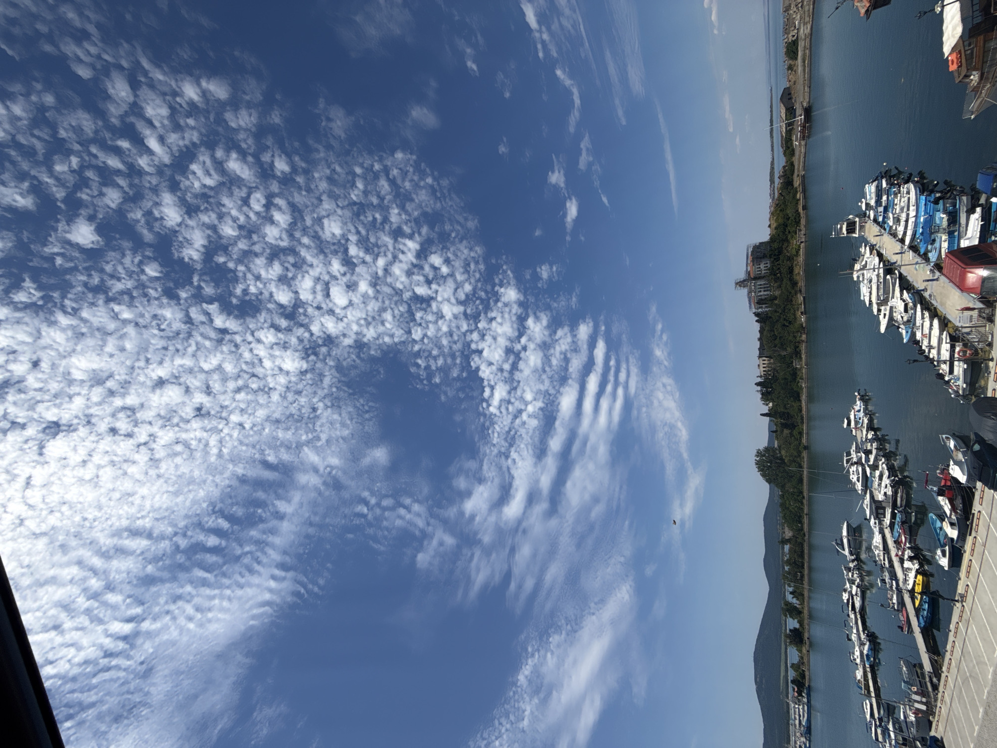 This media file depicts a scenic view of a marina in Sozopol, Bulgaria. The image is oriented vertically, with the sky occupying the left half and the marina on the right.
The sky is a vibrant blue, dotted with scattered, wispy white clouds, suggesting a clear and pleasant day. The clouds are textured, with some appearing like small cotton balls and others forming delicate, streaky patterns.
The marina is filled with numerous boats of varying sizes, mostly white and blue, docked side-by-side along a pier. The water is a calm, deep blue, reflecting the sky and the boats. In the background, a tree-lined shore with buildings and hills can be seen. The architecture of the buildings suggests a historical or Mediterranean style. The overall impression is one of a peaceful harbor on a sunny day. The time of day appears to be daytime, likely late morning or early afternoon, given the bright sunlight and clear sky. There are no people clearly visible in the image. The scene evokes a sense of tranquility and a coastal atmosphere. No visible text is present.