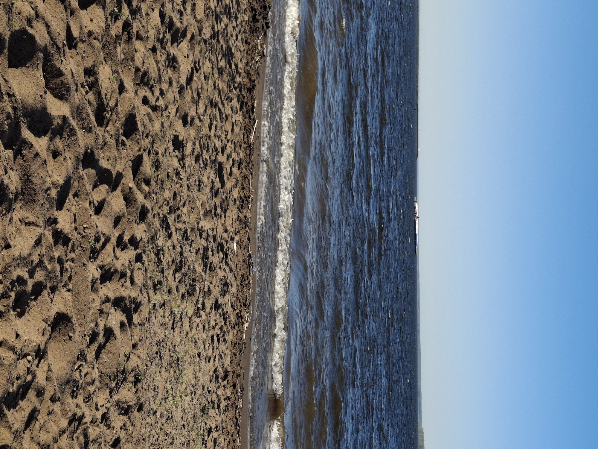 The image shows a beach on the Kama River in Chaikovsky, Russia. The scene is divided into three sections: sandy beach on the left, the shoreline where the water meets the sand in the center, and the water of the river extending to a clear blue sky on the right. The sand is brown and shows footprints, as well as scattered small plants. The water is dark blue with visible ripples and small waves near the shore. A boat is visible on the horizon.